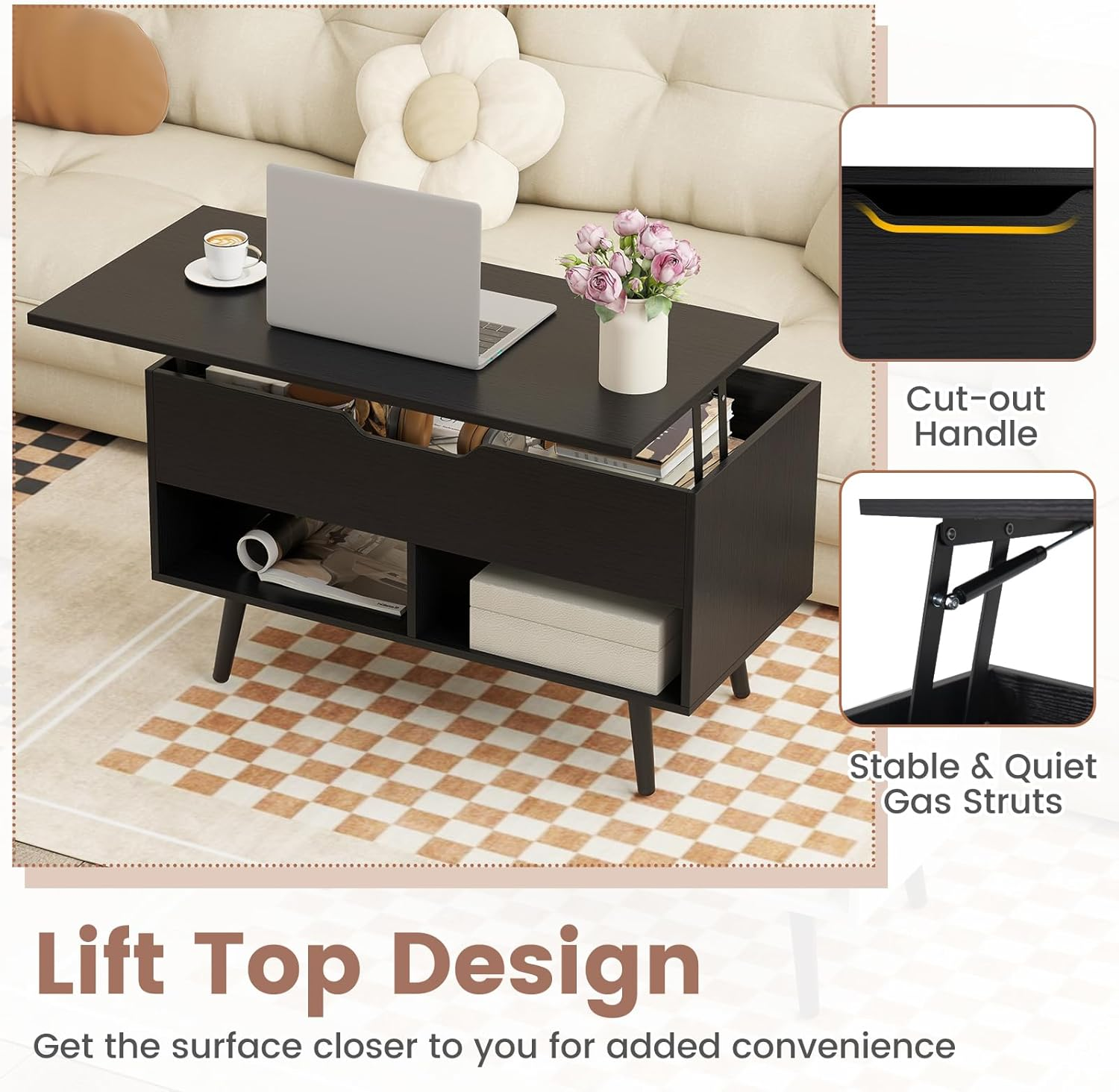 Giantex Lift Top Coffee Table, Wooden Lift Top Dining Table W/Hidden Storage Compartment & 2 Storage Shelves, Raisable Top Coffee Table for Living Room, Study, Office, Meeting Room (Black) - Coffee image number 2