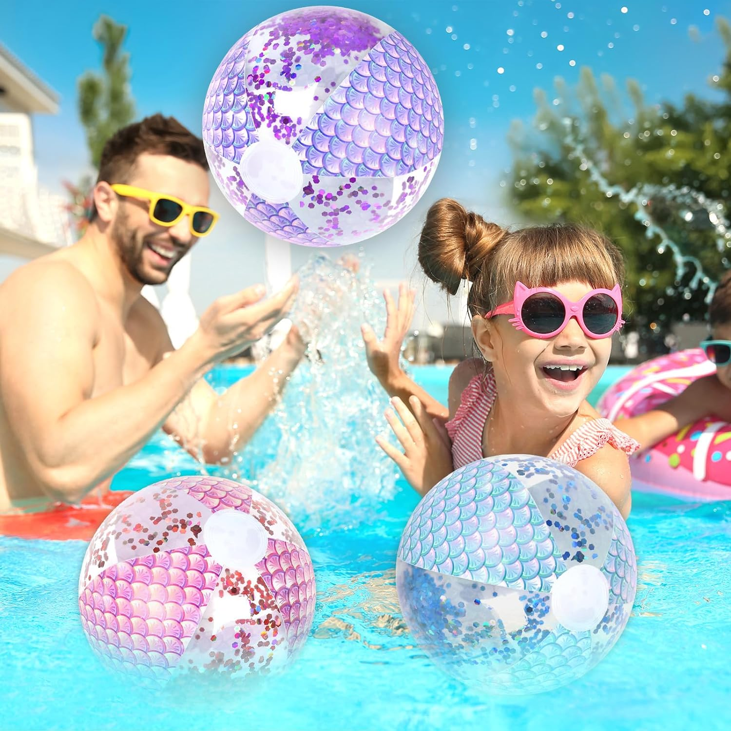 Whaline 3Pcs 16'' Mermaid Inflatable Beach Ball Glitter Pool PVC Balls Game Play Balloons for Summer Hawaiian Tropical Theme Beach Party Decorations Water Sand Game Accessory, Pink Blue Purple image number 3