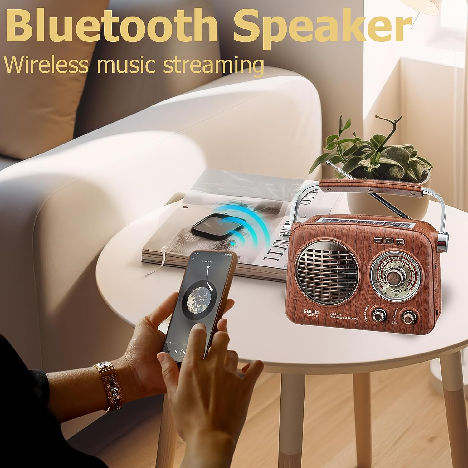 Gelielim Portable Radio Retro, AM FM Shortable Radio with Best Reception, Small Vintage Radio with Bluetooth Speaker, Rechargeable/Solar/Battery Radio, Supports TF Card/Usb Player, Emergency Torch image number 5