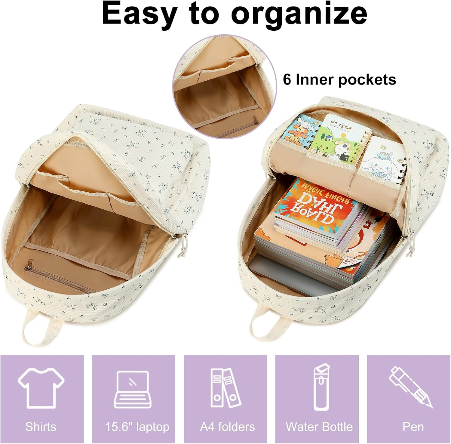 Bookbag Girls School Backpack Cute Floral Schoolbag Laptop Shoulder Bag Daypack for Teen Girls Boys image number 3