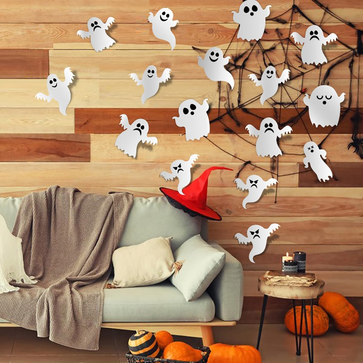 24Pcs Halloween Ghost Wall Decor 3D Ghost Stickers Decor Reusable Cute Halloween Decor Self-Adhesive White Ghost Wall Decorations for Gothic Window Door Wall Room Closet Halloween Home Decor Stickers image number 5