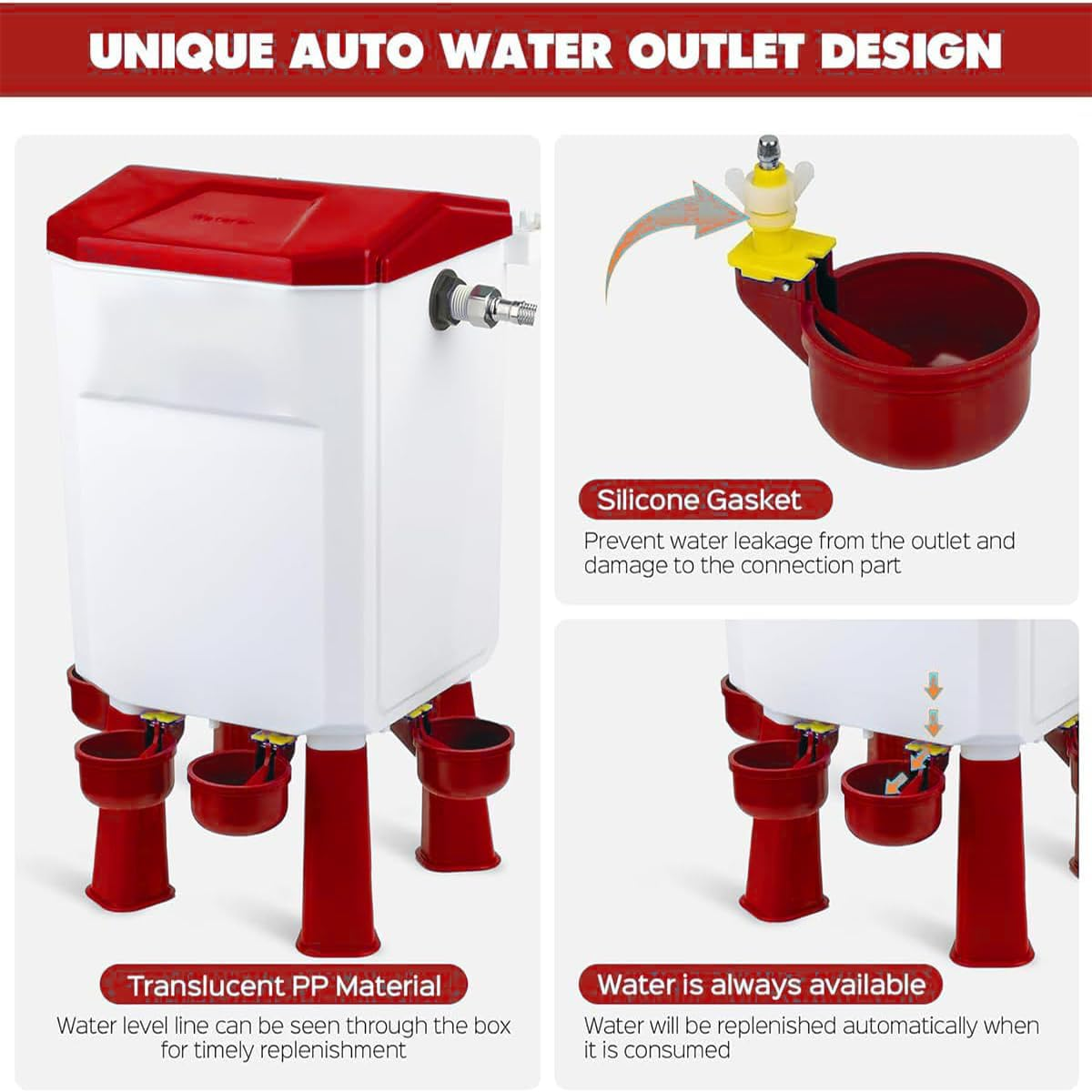CLOUDSEASON Auto Chicken Feeder & Poultry Waterer with 145Cm Water Hose 12KG Feeder + 11L Waterer with Float Controlled No-Mess Design Portable for Chicken Coop (Red)