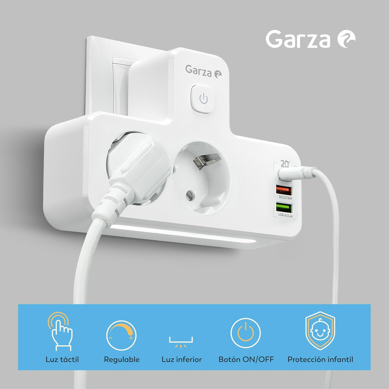 Garza - 5-In-1 Adapter with 2 Schuko Sockets, 2 USB-A and 1 USB-C PD20W, Fast Charge, Dimmable Touch Night Light, Child Protection and Overheating Protection image number 5