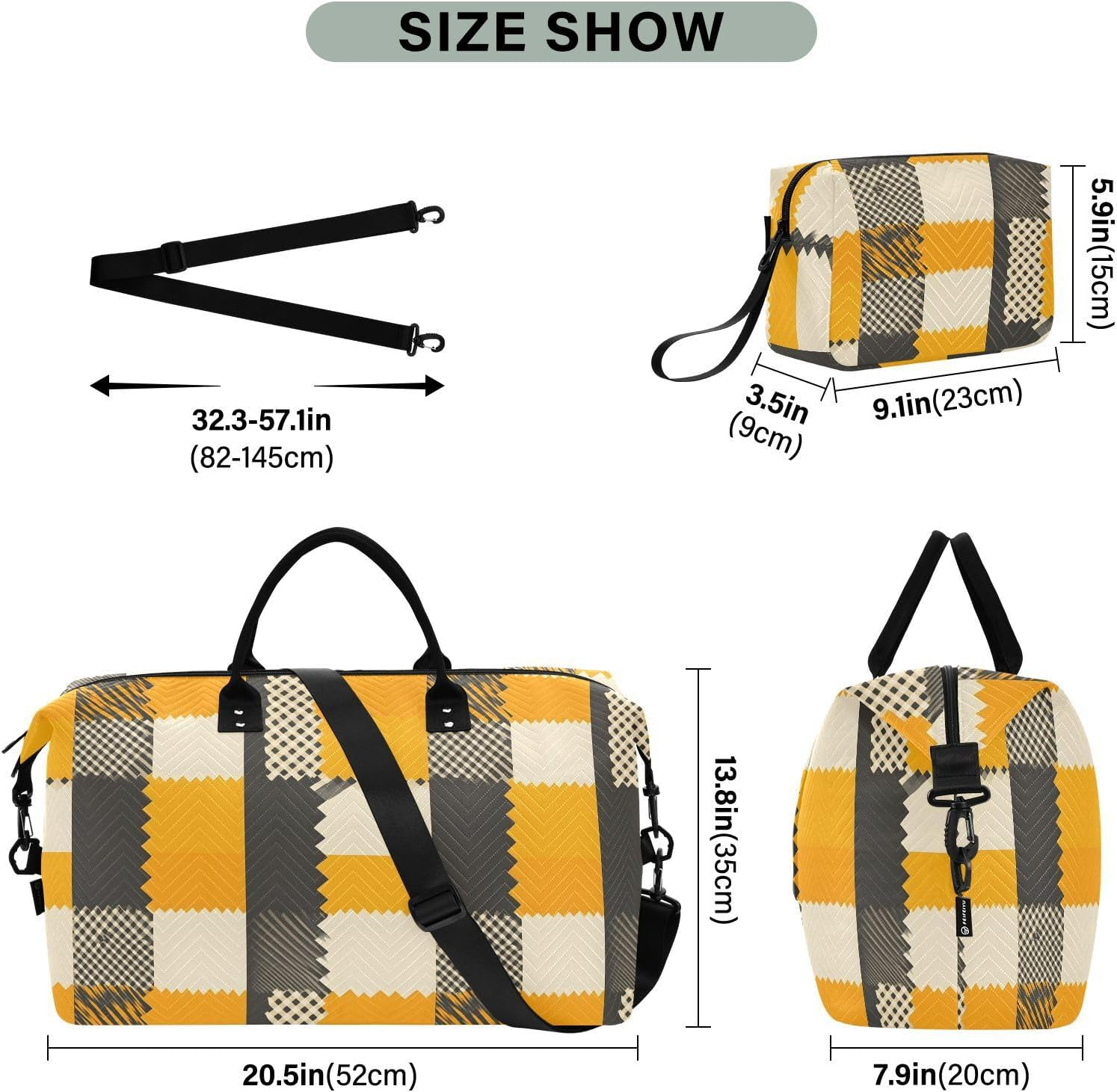 WOIWB Yellow Plaid Duffel Bag for Travel Gym Sport, Weekender Travel Bags Carry on Overnight Bag image number 6