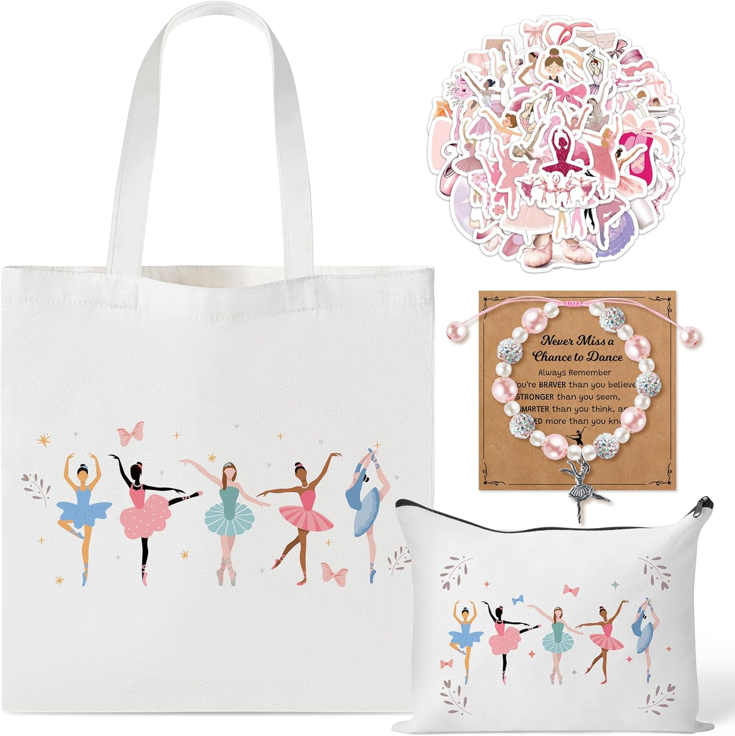 Y1Tvei Cute Ballerina Canvas Bags Kit- Ballet Dancing Girl Recital Gifts with Tote Bag Makeup Pouch Stickers Bracelet Card image number 5