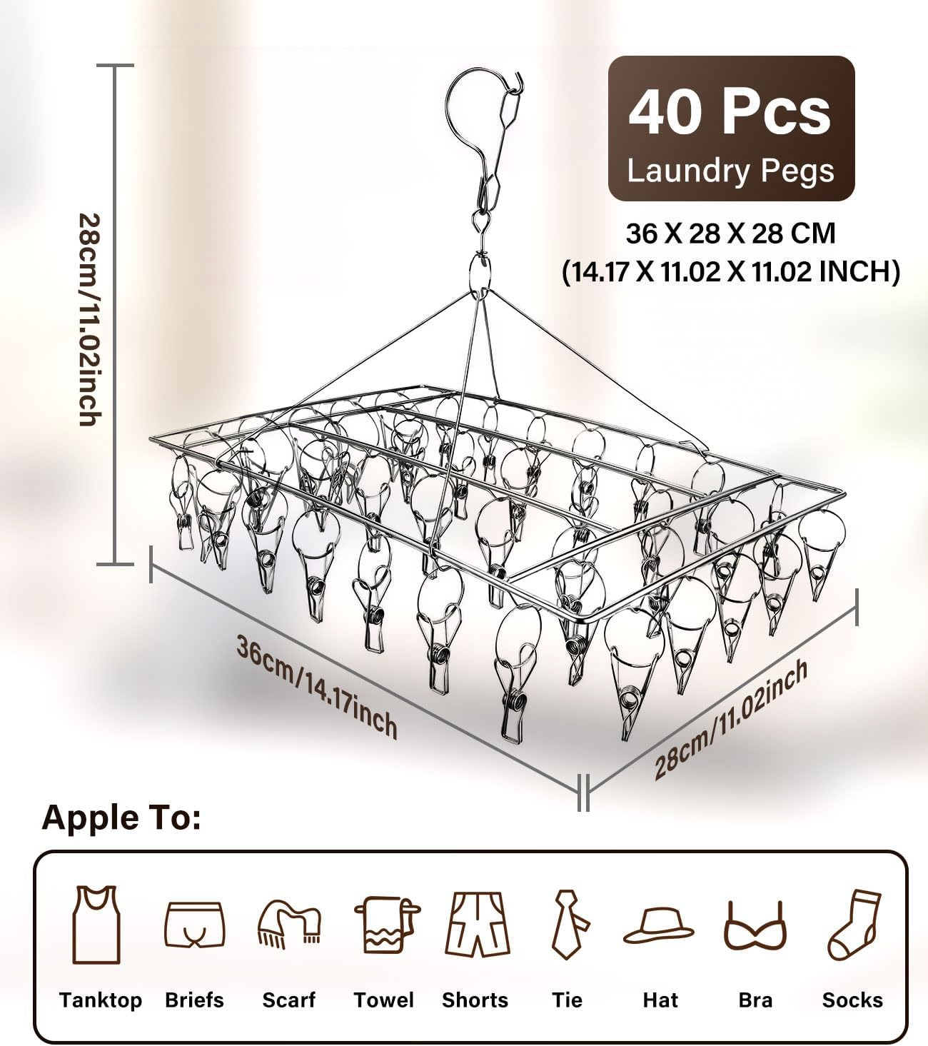 Stainless Steel Clothes Drying Rack - 40 Pegs Folding Sock Dryer with Clips Windproof Hook for Sock, Drying Bras, Lingerie, Clothes, Towels, Scarves, Underwear Hanger for Washing Line Accessories