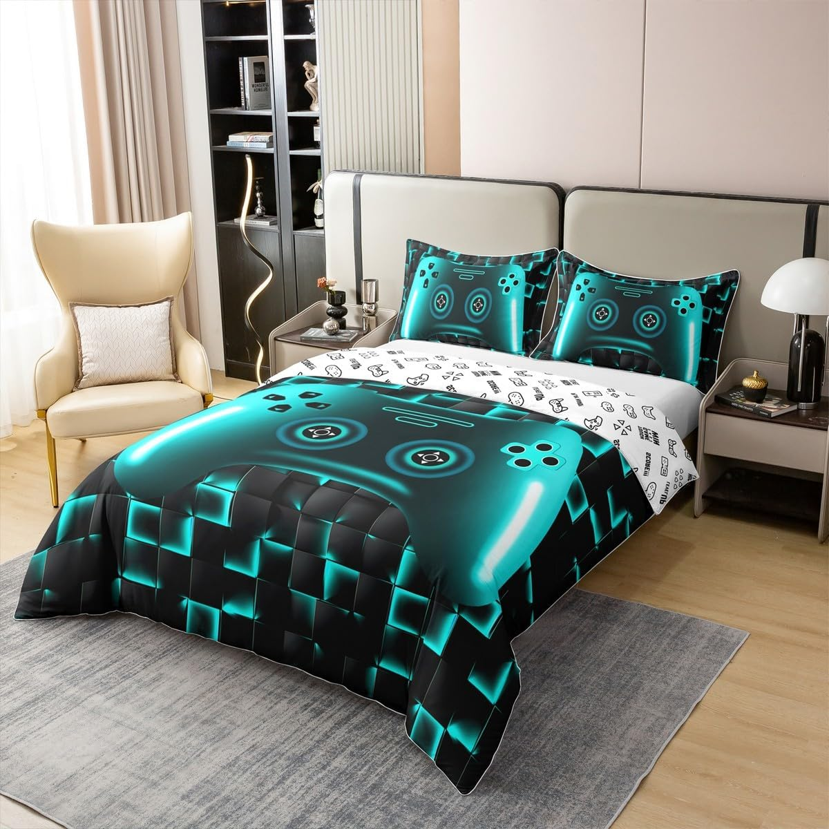 100% Cotton Gaming Bed Linen Sets for Boys, Gamer Duvet Cover, Gamepad Video Game Comforter Cover for Boys Men, Neon Lights Grid Plaid Grid Bed Set Reversible Mint Green Duvet Cover image number 3