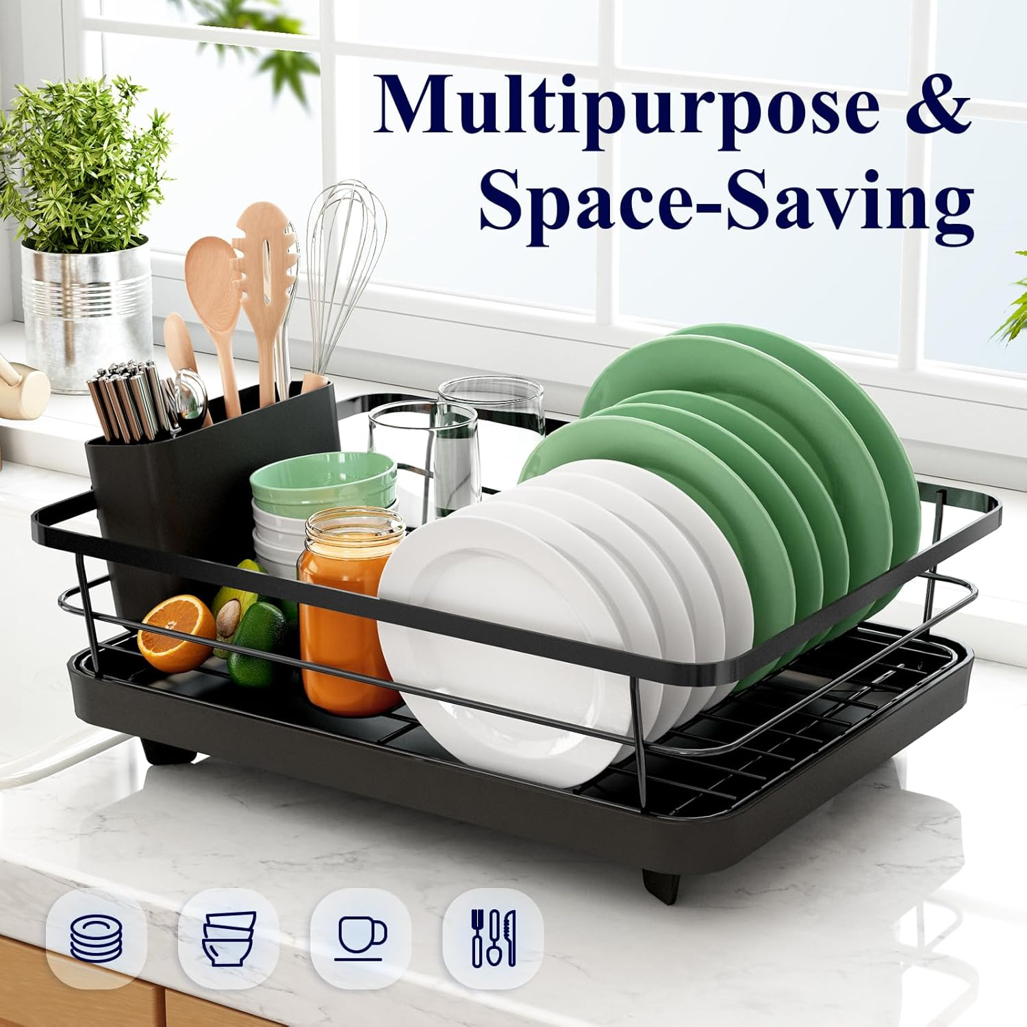 Kitsure Dish Drying Rack- Space-Saving Dish Rack, Dish Drainers for Kitchen Counter, Stainless Steel Kitchen Drying Rack with a Cutlery Holder, 30.5 X 39.5 X 16.0 Cm, Black image number 4