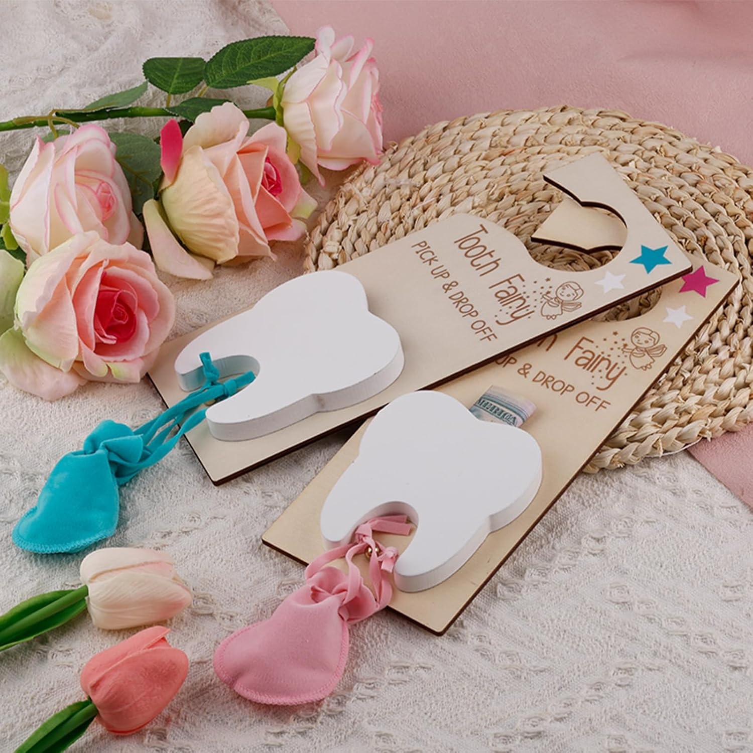 2 Set Tooth Fairy Door Hanger with Slot, Wooden Tooth Door Holder with Bag & Glass Bottle for Kids Room Decor Encourage Gift (Pink & Blue) image number 4