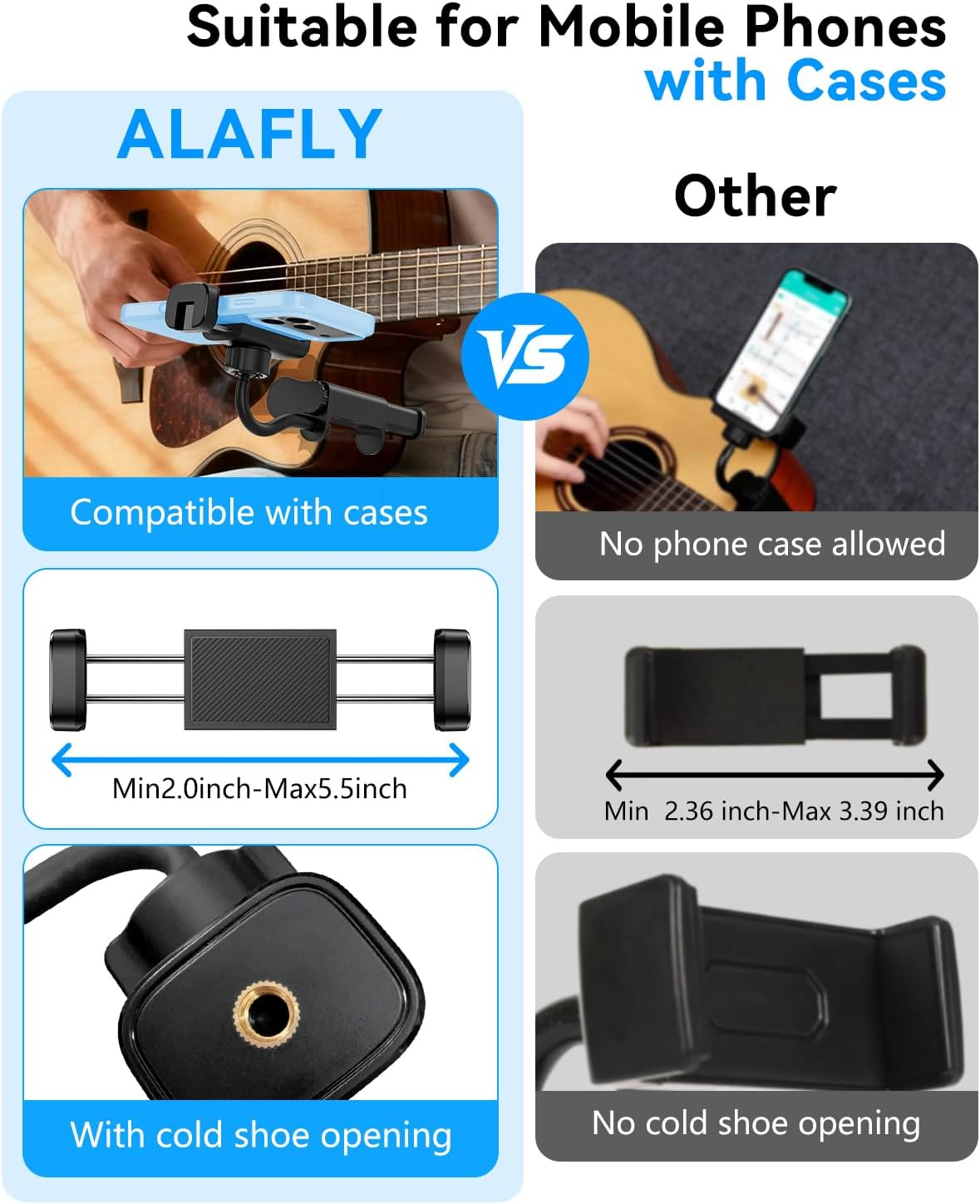 ALAFLY Guitar Phone Holder for Guitars/Ukulele/Bass/Electric Guitar, Adjustable Rotatable Guitar Clip Designed for Guitar Players Ideal for Recording Equipment Accessories Guitar Mount Gifts for Men image number 3