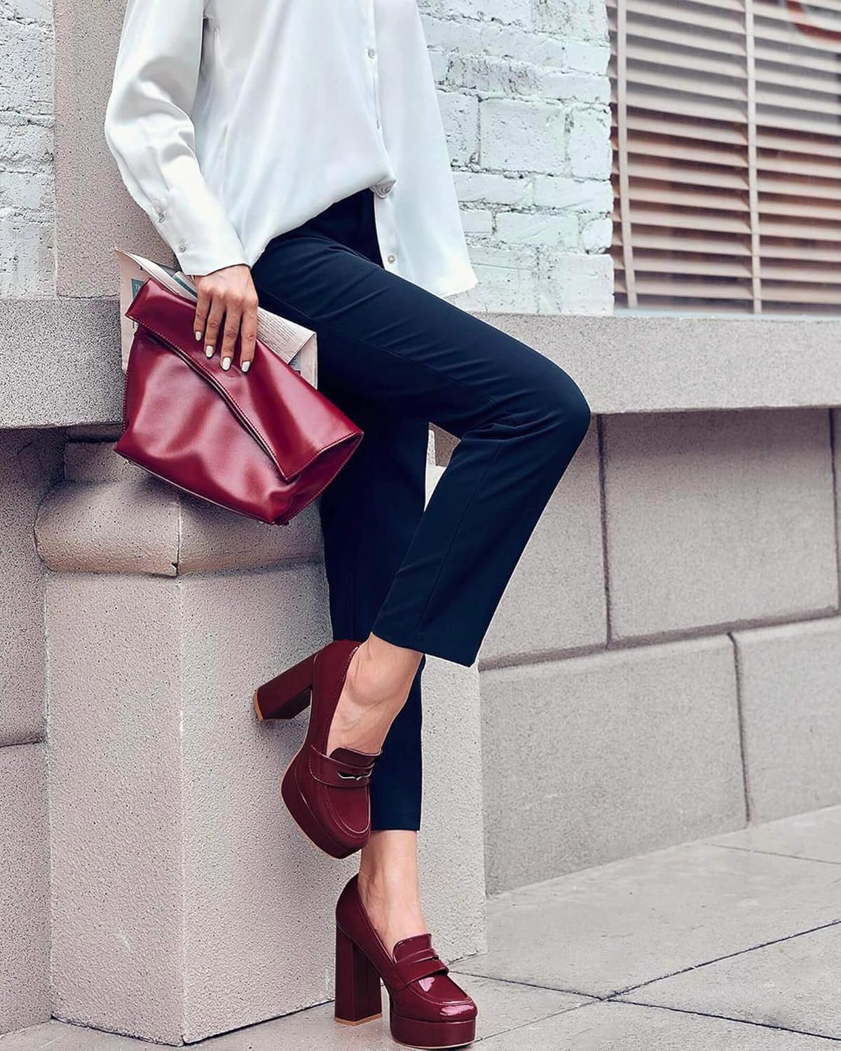 Womens Platform Heels Loafers Chunky High Heel Closed Toe Patent Leather Shoes Penny Loafer Business Dress Work Pumps image number 5