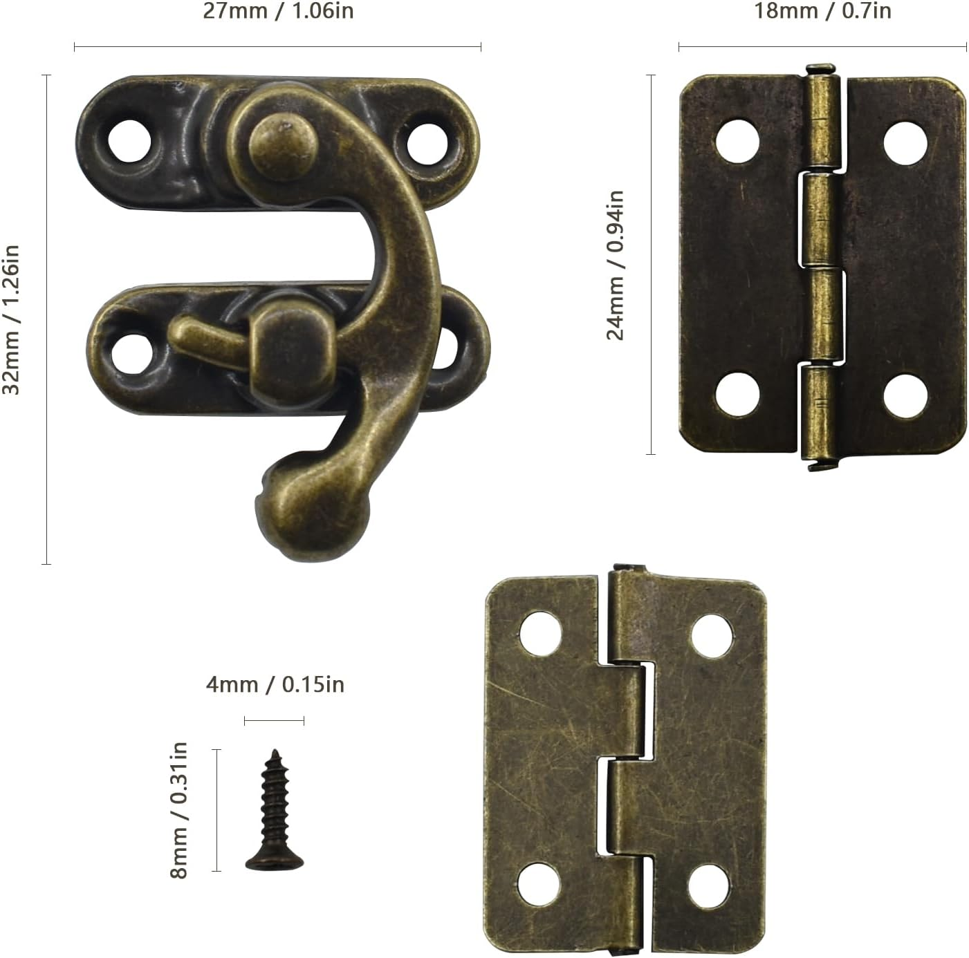 40Pcs Small Antique Hinges and 20 Set Bronze Tone Right Latch Hook Hasp Wood Jewelry Box Hasp Catch Decoration with Replacement Screws image number 1