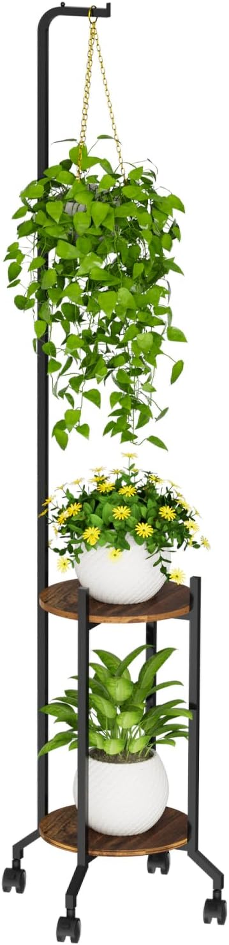 Plant Stand Indoor, 2 Tier Hanging Tall Plant Shelf with Wheels, 3 Potted Corner Flower Stand Metal Plant Holder, Plant Shelves for Living Room, Bedroom, Patio, Outdoor, Black (White-Glod)