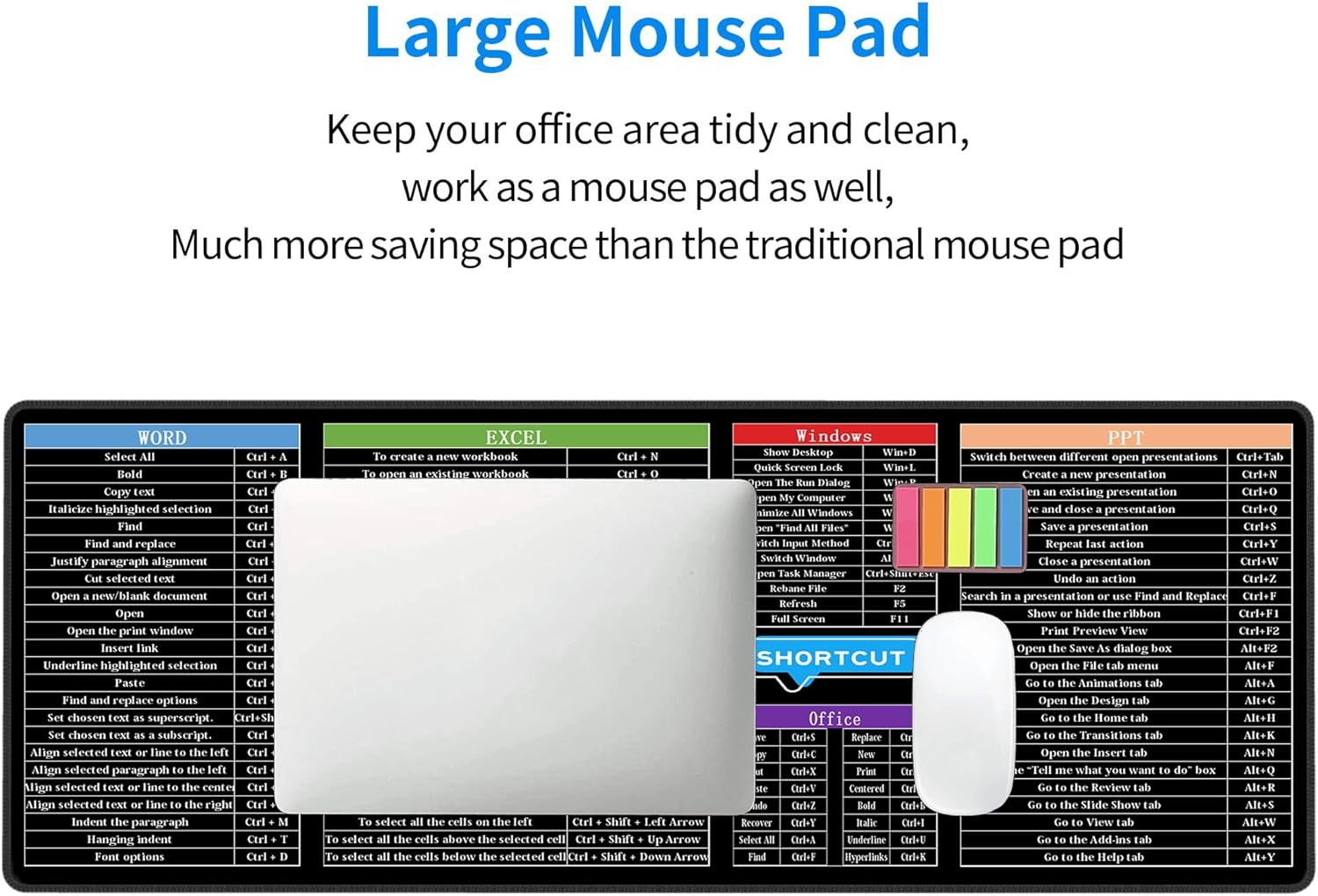 Computer Office Power Point Excel Word Short Cut Shortcuts Keys Gaming Keyboard Mouse Pad Mousepad Huge Extended XL Stitched Edge Rubber Sole for Home Office(31.5"X 11.8") image number 3