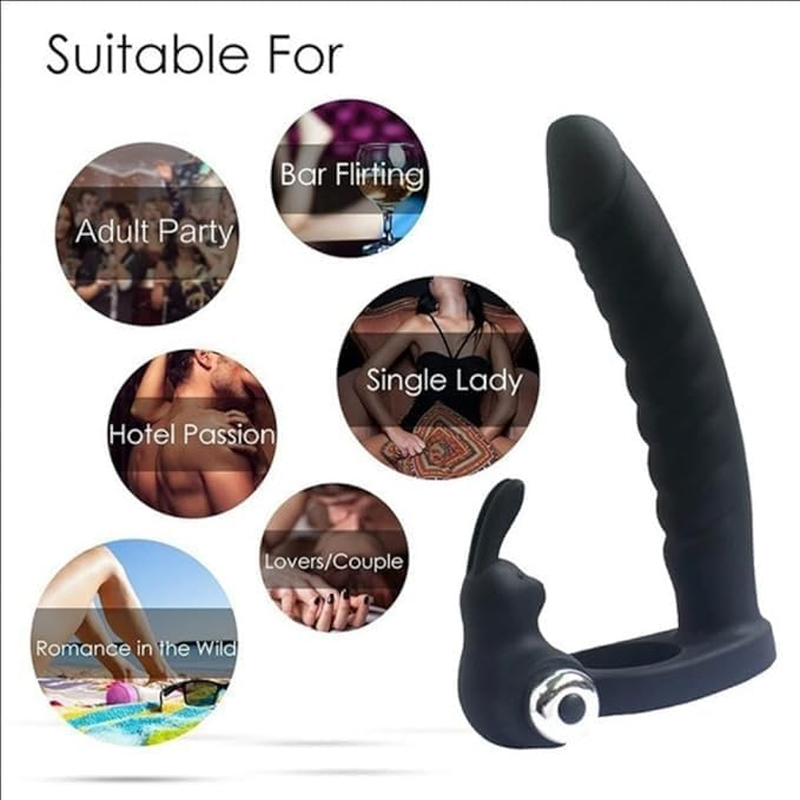Silicone Butt Plug Dual Penetration Vibrating Double Dildo with Cock Ring Penetrator Men Couple Anal Plug Sex Strapon Enhancer 7 Speed Adult Women Pleasure (Black)