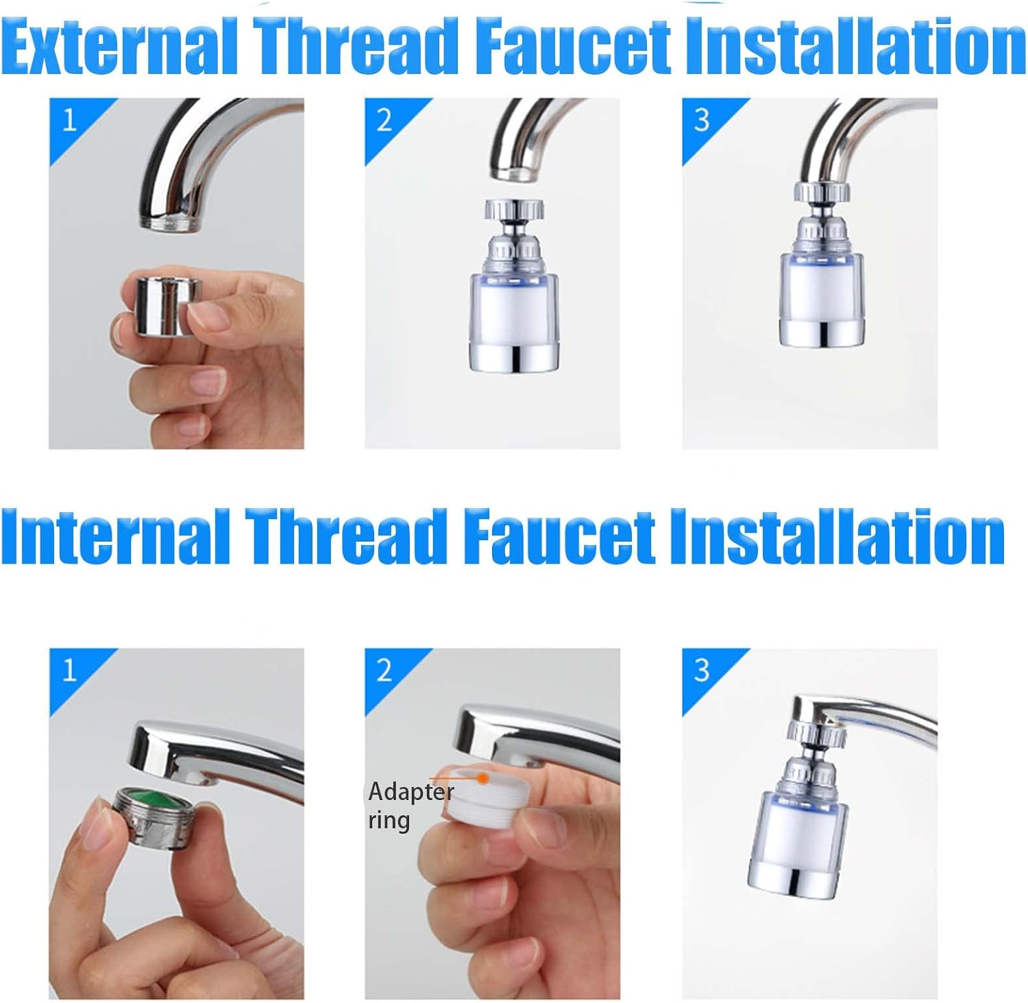 Faucet Water Filter 360&deg; Rotating Sink Water Filter, Kitchen Sink Filtration,Bathroom Faucet Filter,Removes Chlorine Fluoride Heavy Metals for Home, Bathroom, with Universal Adapter + 2 Cartridges image number 3
