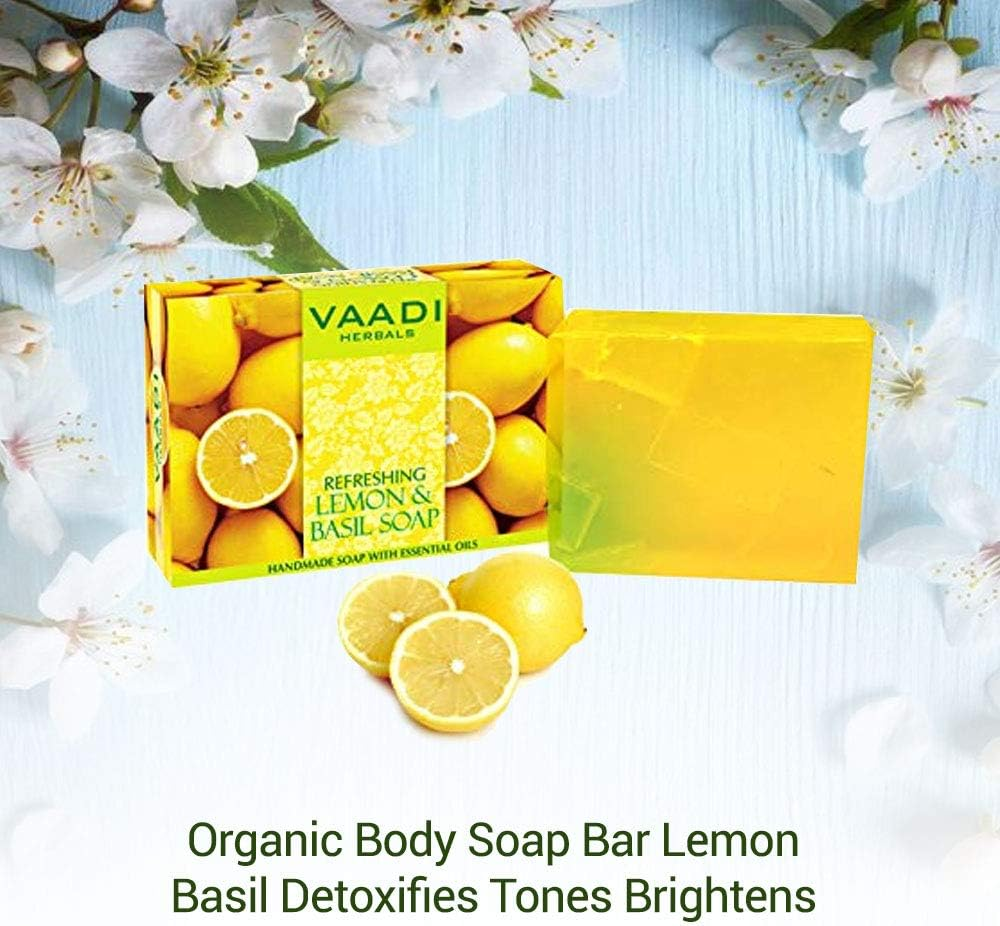 Vaadi Herbals Organic Body Soap Bar Lemon Basil Detoxifies Tones Brightens Skin Handmade Herbal Soap (Aromatherapy) with 100% Pure Essential Oils - All Natural - Anti-Acne Deep Pore Cleansing Removes Pimples Oil Control Sulphate Free All Skin Type 3 X 75 Gm image number 2