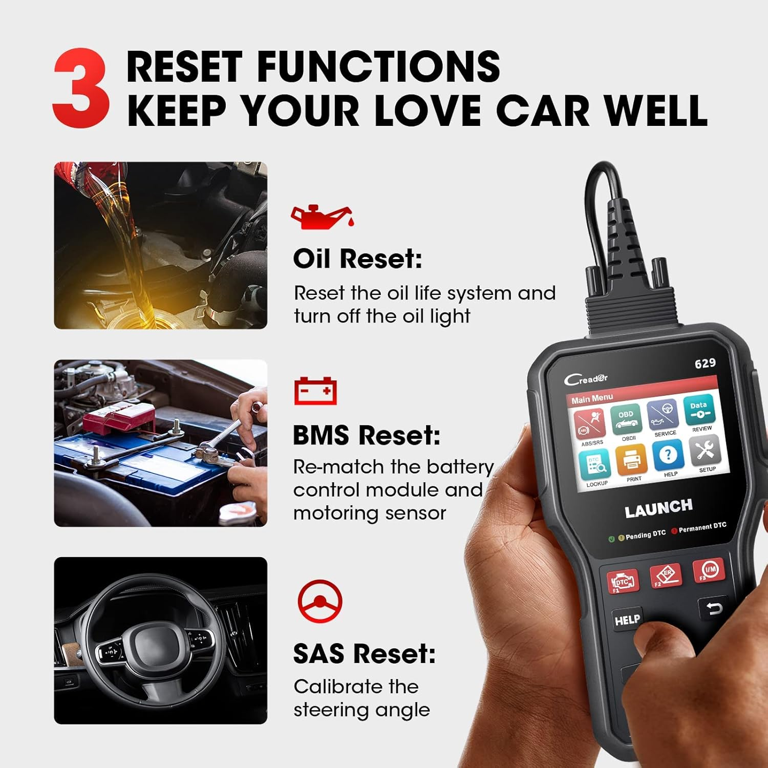 LAUNCH CR629 OBD2 Scanner ABS SRS Scan Tool with Active Test, 3 Service Oil/Sas/Bms Reset Tool, Full OBD2 Functions Car Code Scanner, Lifetime Free Update (More Powerful than LAUNCH CR529, CRP123X) image number 3