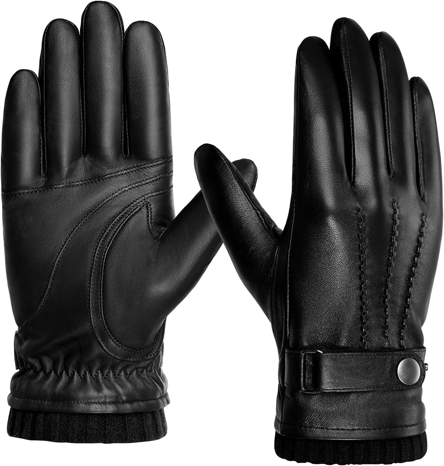 BISON DENIM Men'S Leather Gloves Warm Cashmere Lining Windproof Gloves Touchscreen Function