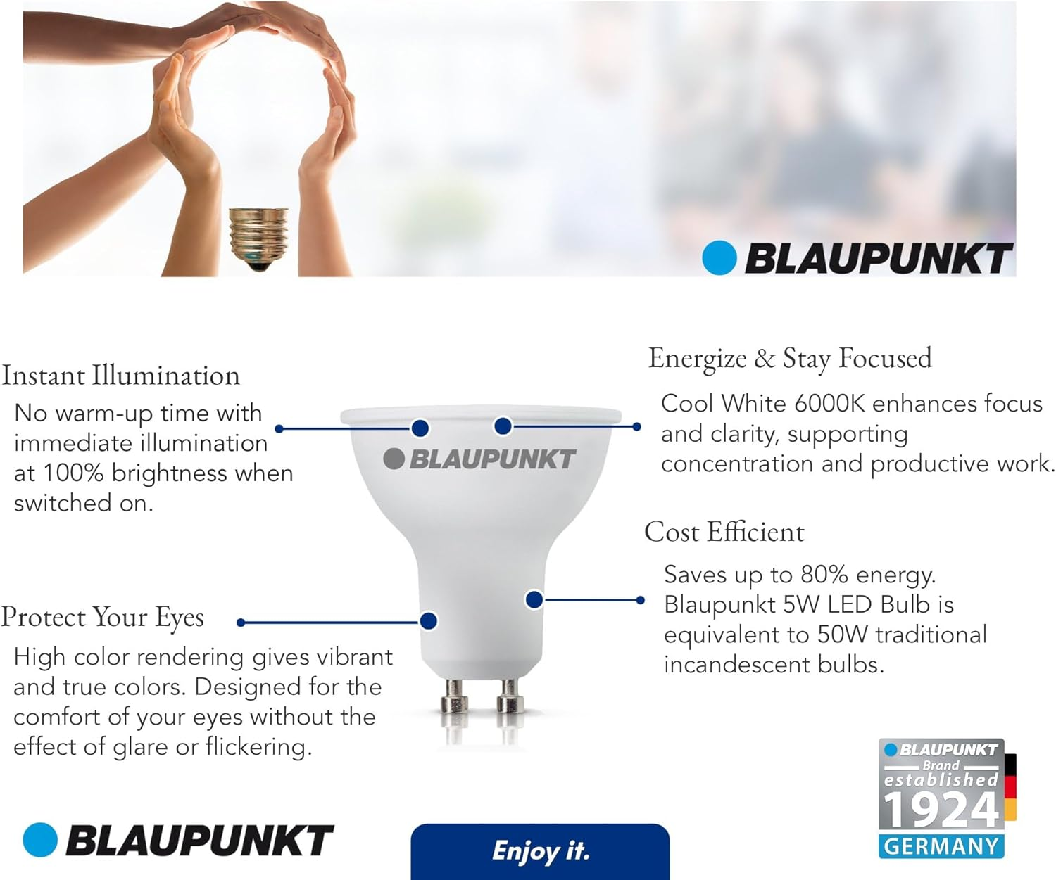 Blaupunkt LED GU10 Spot LED Lamp, 5W, Replaces 50W Incandescent, Cool White 6000K, Cold Light, Non-Dimmable, 500 Lumen, Light Bulb, Room Lighting, 1 Piece (Pack of 1) image number 6