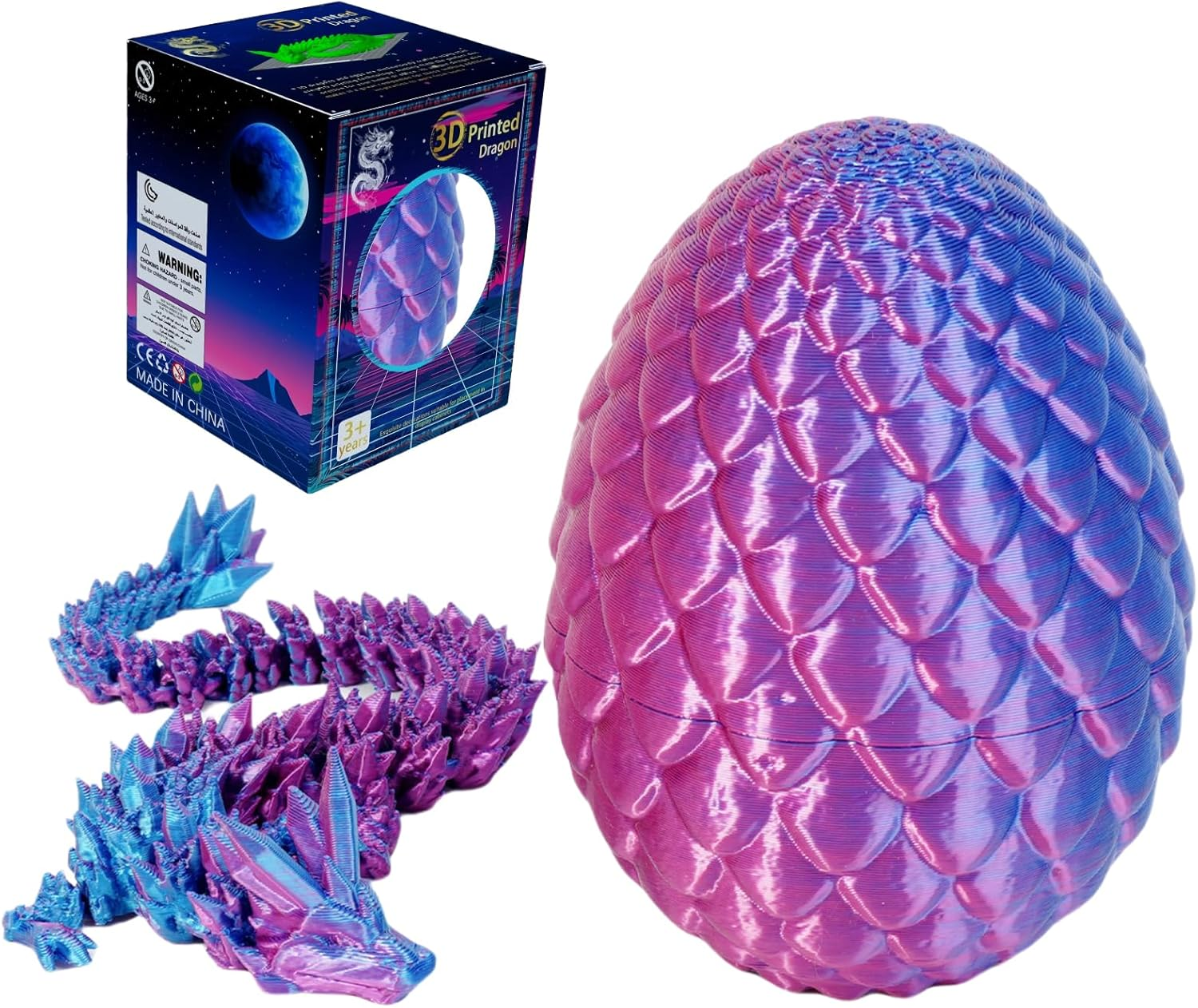 3D Printed Blue Dragon Egg with Surprise Articulated Dragon, Funny Gifts for Kids, Dino Party Favors(Blue Purple)