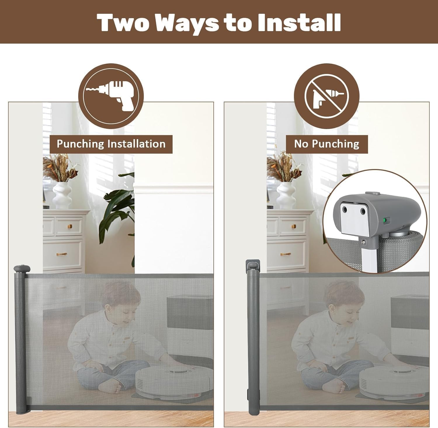 Baby Gate, Auto Close Safety Baby Gate, 59"*33.8" Baby Gate Stairs, Retractable Baby Gate for Doorway for Kids or Pets, Indoor and Outdoor Dog Gates (Grey, 59"*33.8") image number 1