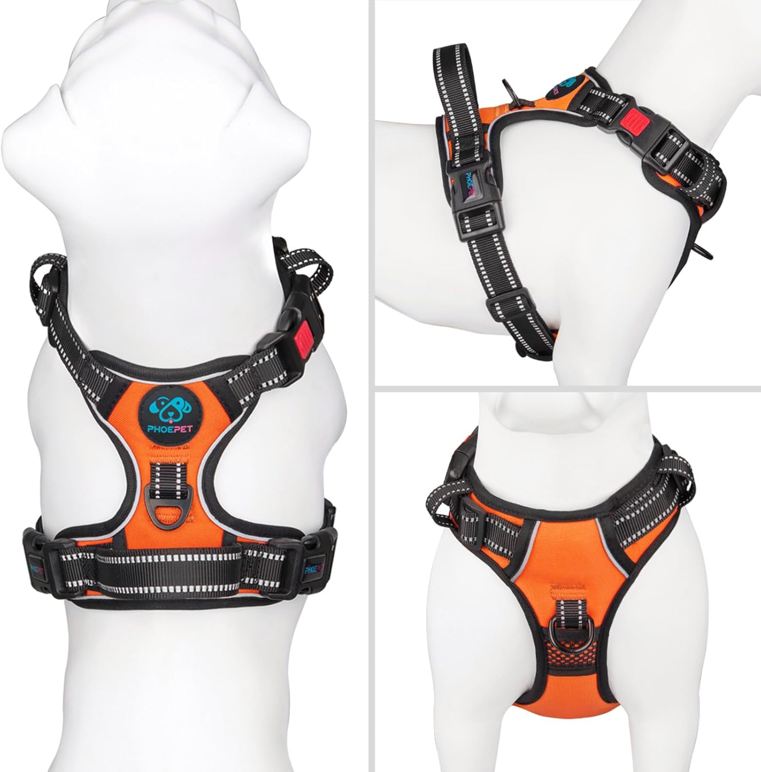 PHOEPET Reflective Dog Harness Large Breed Adjustable No Pull Vest Handle 2 Metal Rings 3 Buckles [Easy to Put on & Take Off](L, Orange) image number 2