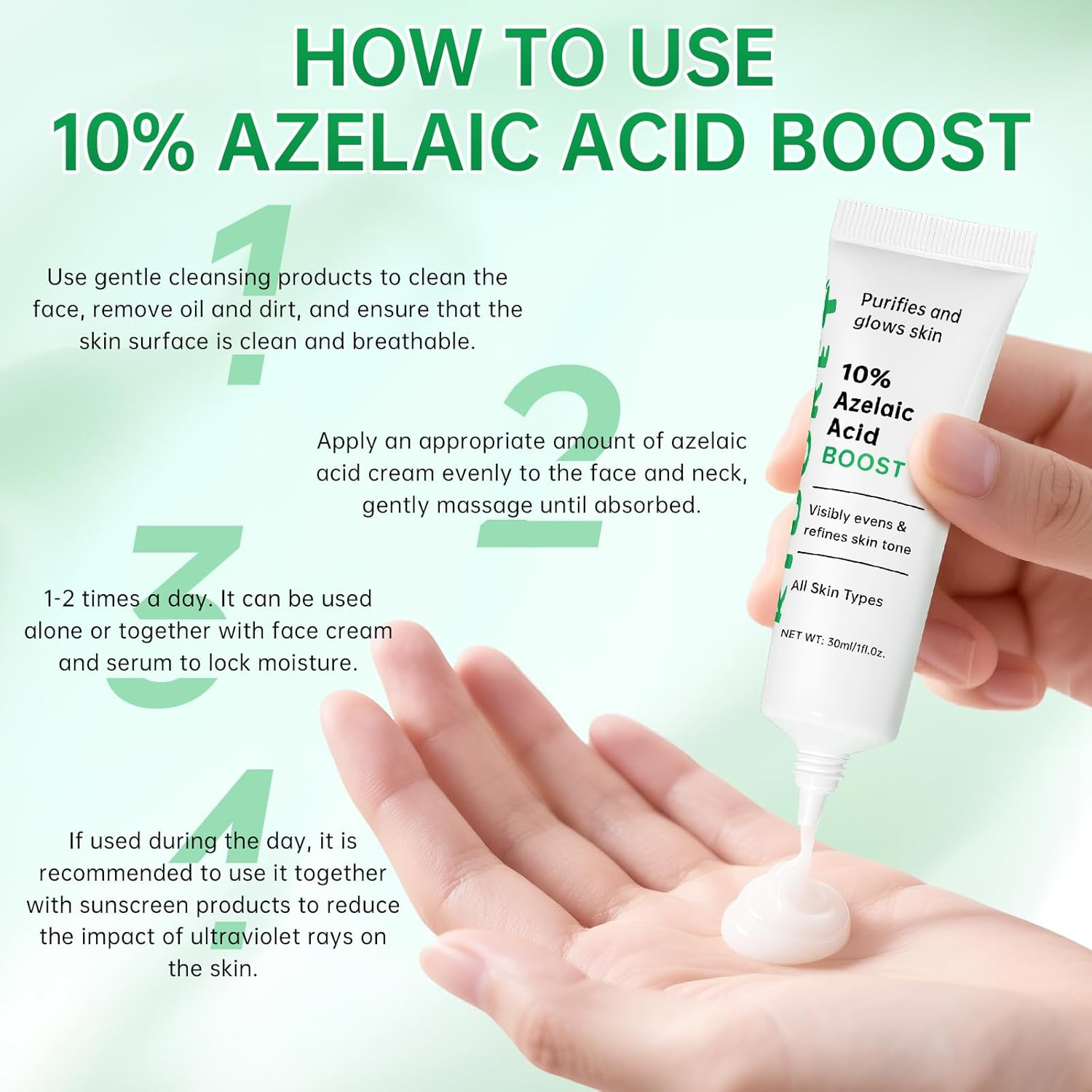 Azelaic Acid Boost Cream, 10% Azelaic Acid Booster Cream Gel for for Acne and Blemishes with Salicylic Acid, Balances Excess Sebum, Purifies Skin & Improves Skin Tone for All Skin Types, 30Ml image number 4