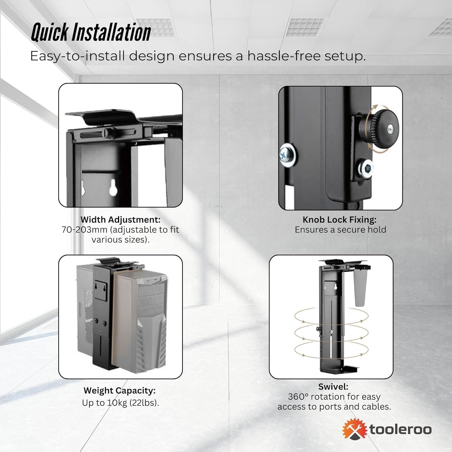 Tooleroo under Desk CPU Holder PC Mount - Adjustable 360 Degree Rotation Rack image number 1
