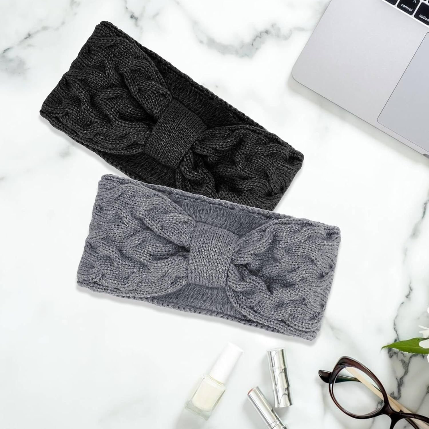 Pack of 2 Women'S Winter Headbands, Girls' Lined Fleece Hair Band, Elastic Headband, Knitted Headband, Women'S Headband, Knitted Headwrap, for Autumn and Winter (Black + Grey) image number 3