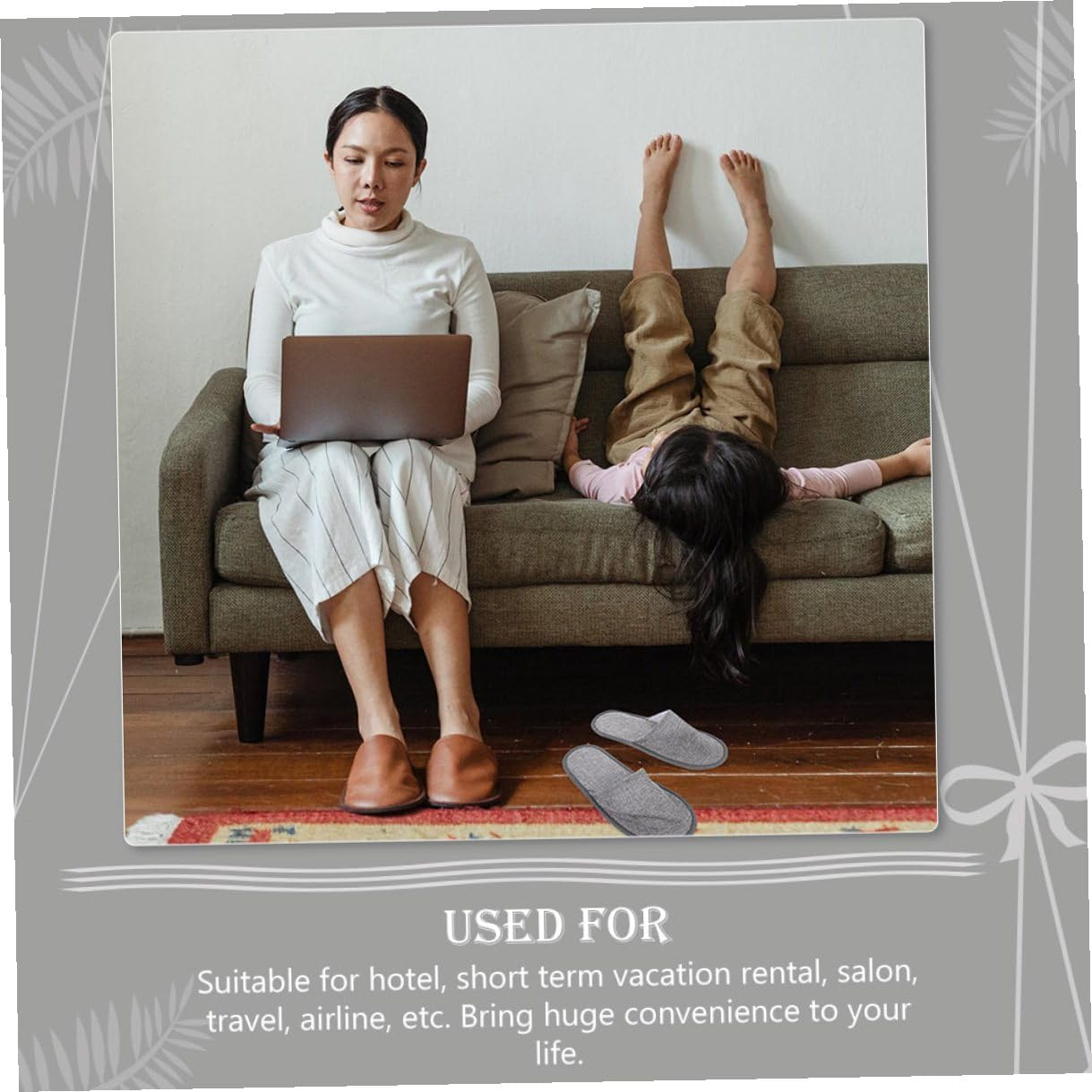 TEHAUX Portable Foldable Disposable Slippers 5Mm Non-Slip Sole, Grey Linen Travel and Guest Slippers for Men and Women, Comfortable Home and Hotel Use image number 1