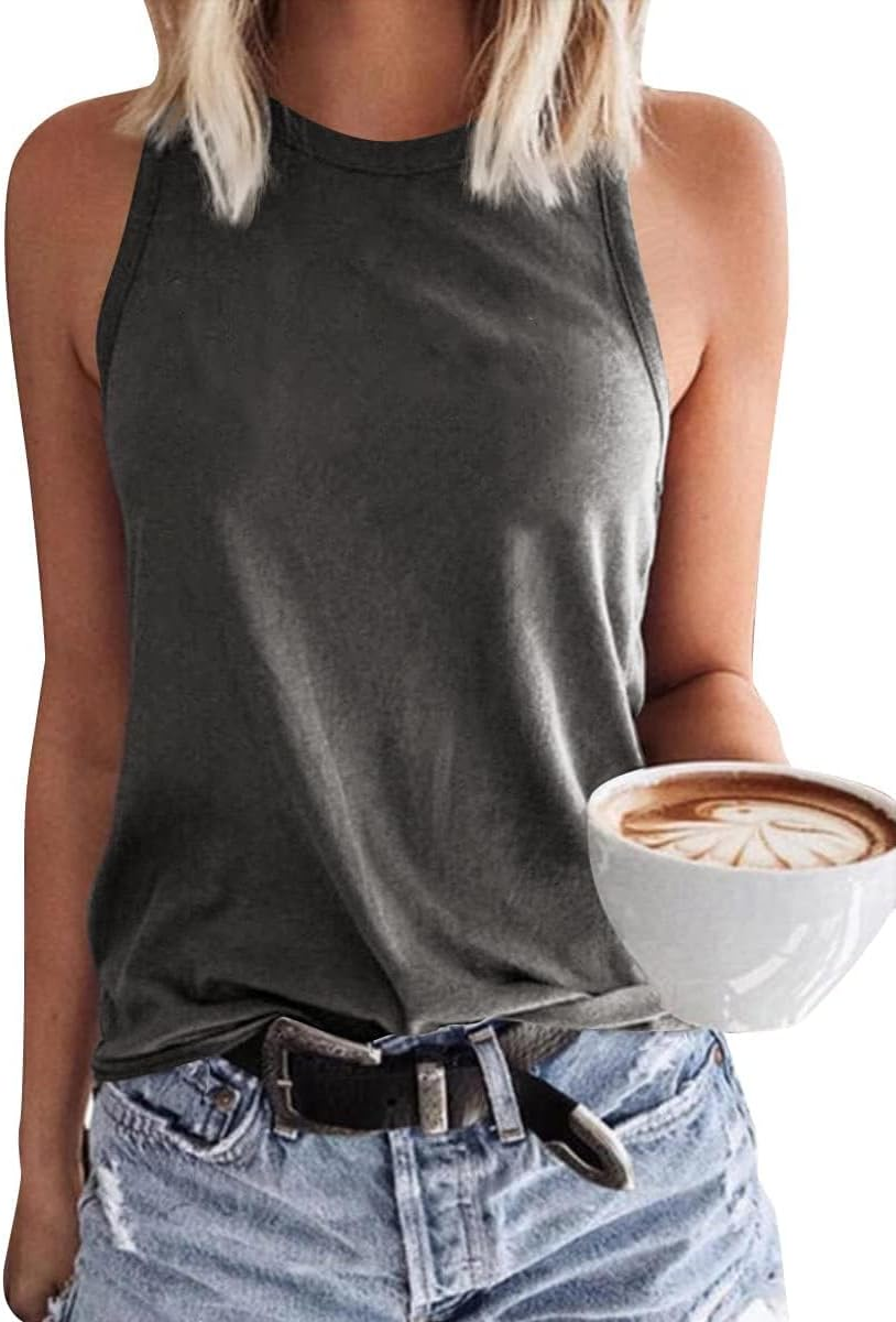 Fisoew Womens' Crewneck Sleeveless Summer Casual Loose Fit Basic Shirts