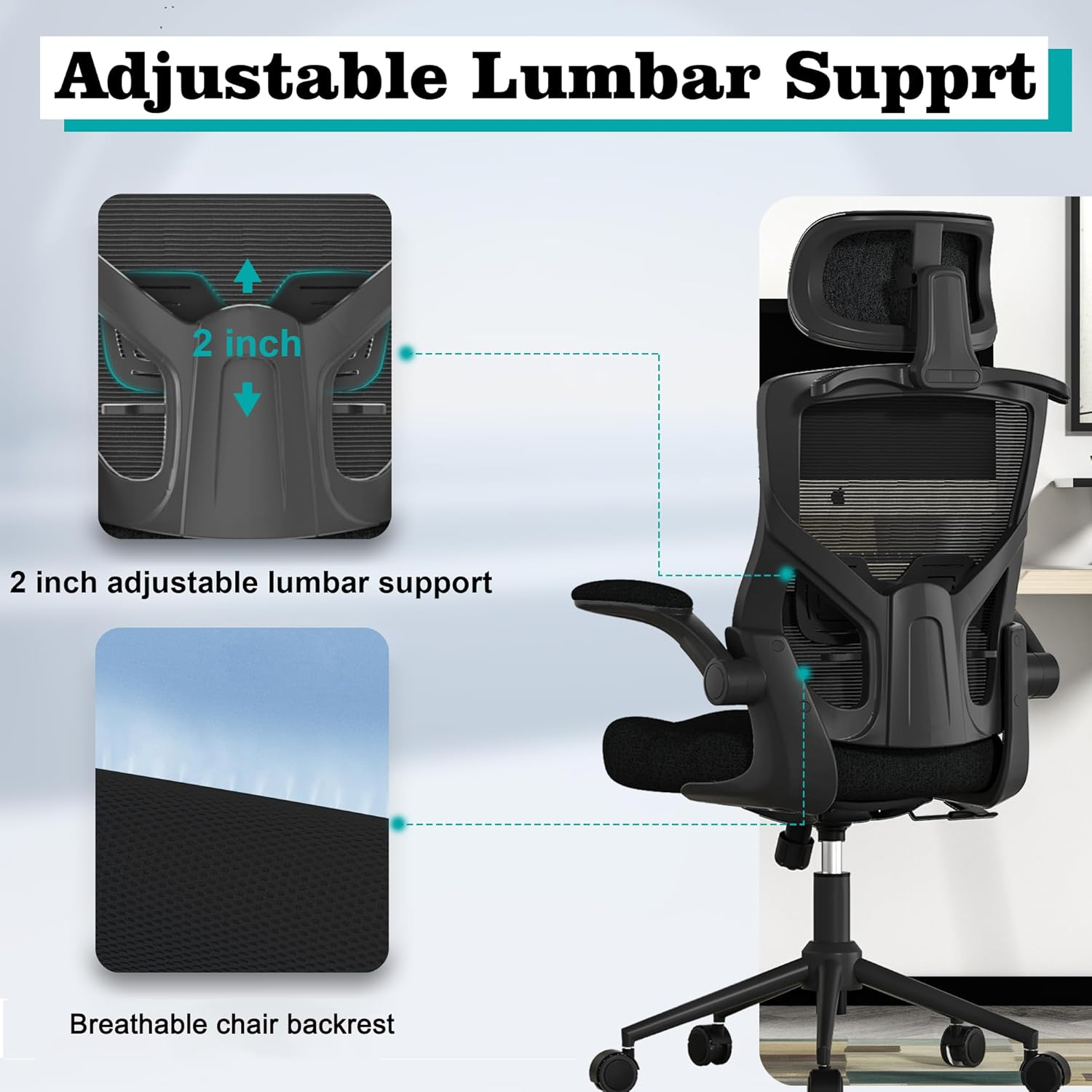FOKESUN Ergonomic Office Chair, High Back Mesh Desk Chair with Thick Molded Foam Cushion, Coat Hanger, Adjustable Headrest, Lumbar Support, Tilt & Lock Function - Task Chair (All Black) image number 6