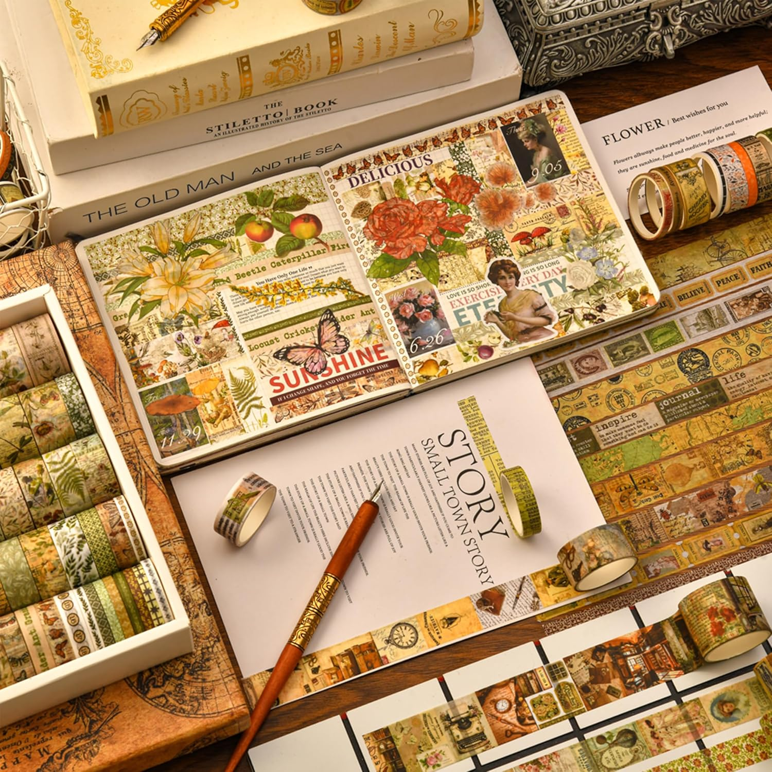 Songdao 36 Rolls Vintage Washi Tape Pack Retro Arts Adhesive Tapes Wide Chronicle Decorative Masking Tape Sets for Craft, Kids, Scrapbook, DIY, Gift Wrapping (Forest Praise) image number 3