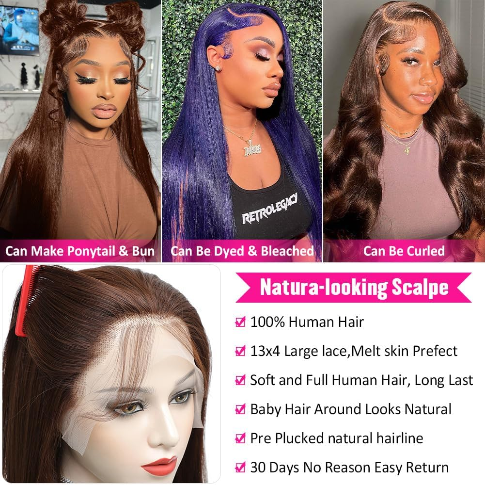 Hermosa 13X4 Brown Lace Front Wigs Human Hair with Baby Hair 180 Density Straight Lace Frontal Human Hair Wigs Pre Plucked Hairline 4# Brown Color 28 Inch image number 2