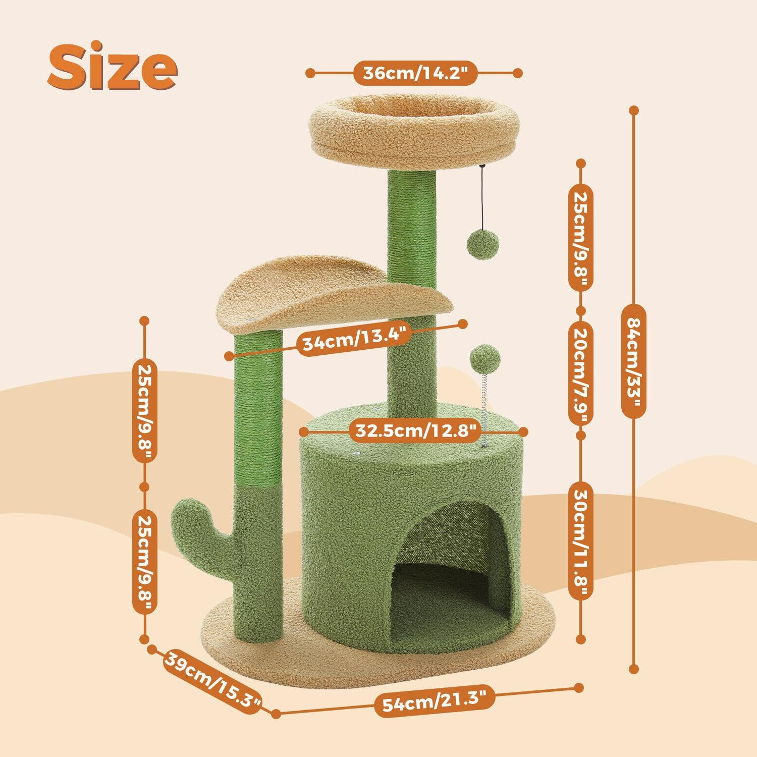PAWZ Road Cat Tree 32 Inches Cactus Cat Tower with Sisal Covered Scratching Post, Cozy Condo, Plush Perches and Fluffy Balls for Indoor Cats,Green image number 5