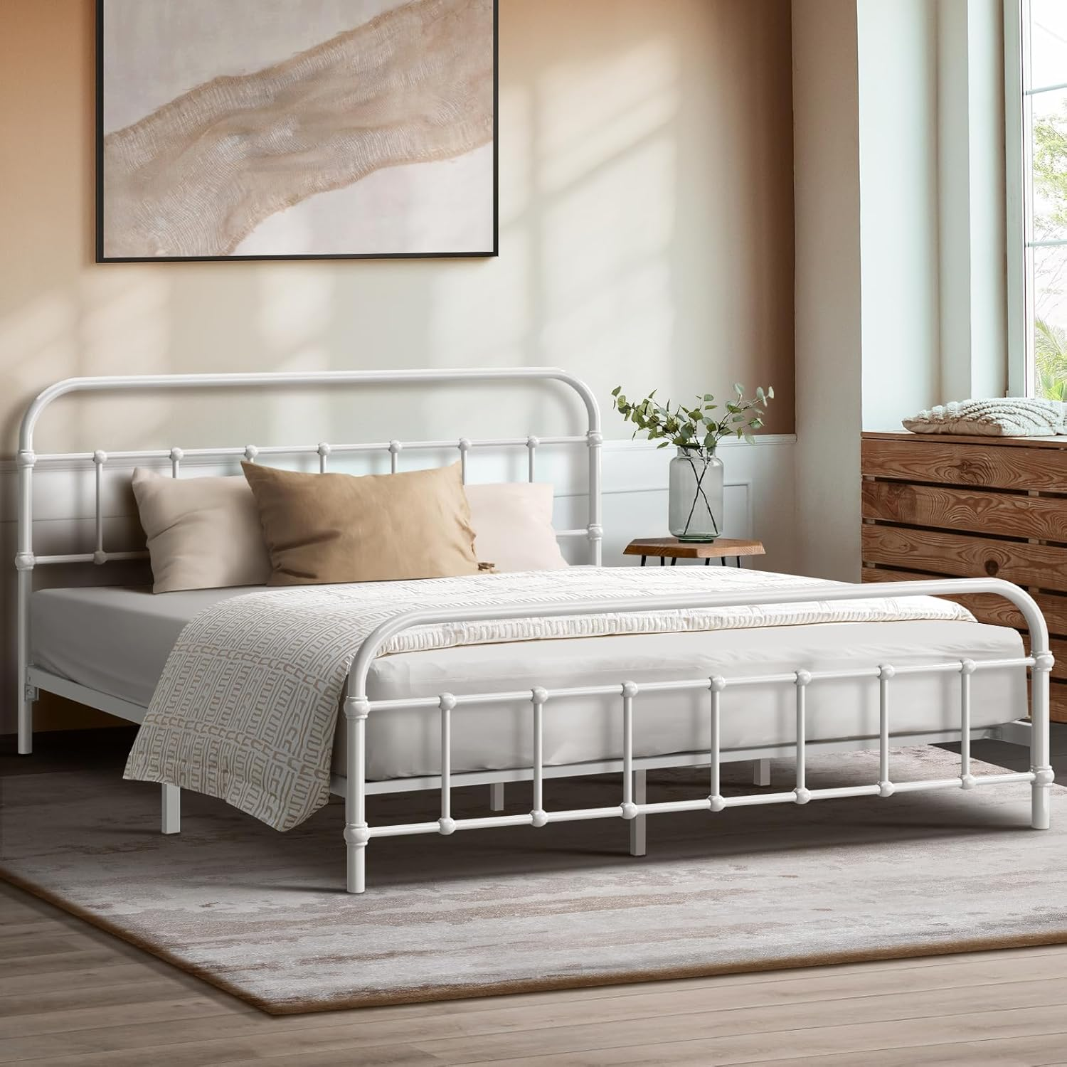 Oikiture Double Bed Frame Metal Bed with Extra Storage Space Home Bedroom Bed Base Plaform