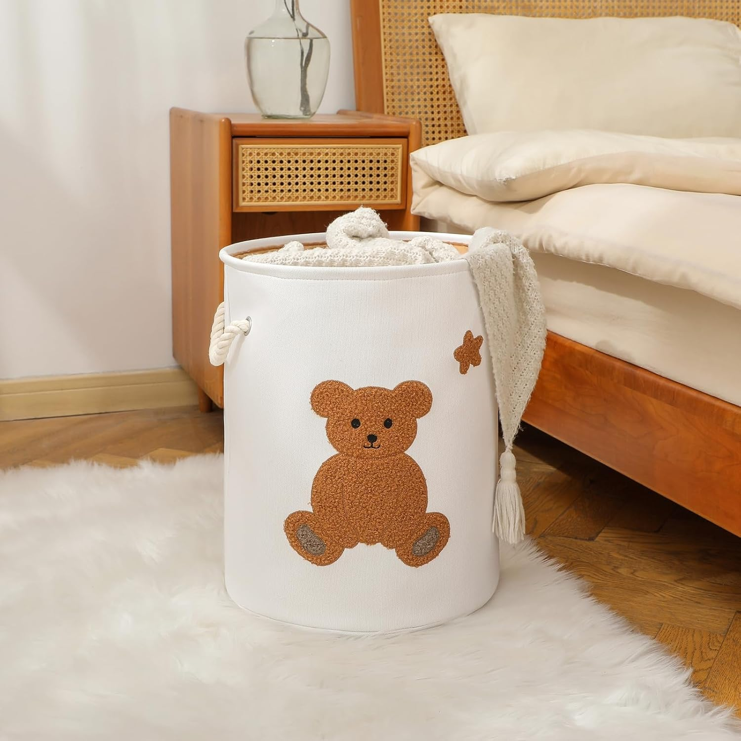 Kids Laundry Basket Nursery Hamper Baby Laundry Basket Stuffed Animal Toys Storage Baskets for Toddler Room Decor, Dirty Clothes Hampers with Drawstring Closure for Bedroom/Living Room/Nursery, Bear image number 1