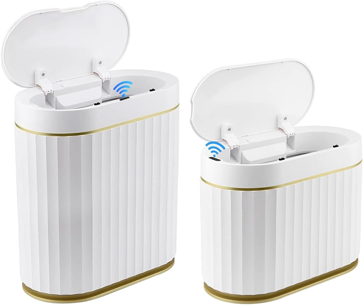 Aupekro Smart Trash Bin with Lid, 2 Pack Slim Automatic Garbage Can, Waterproof Plastic Rubbish Bin Narrow Motion Sensor Wastebasket for Bathroom, Bedroom, Living Room, Office (5 Liter+9 Liter) image number 3