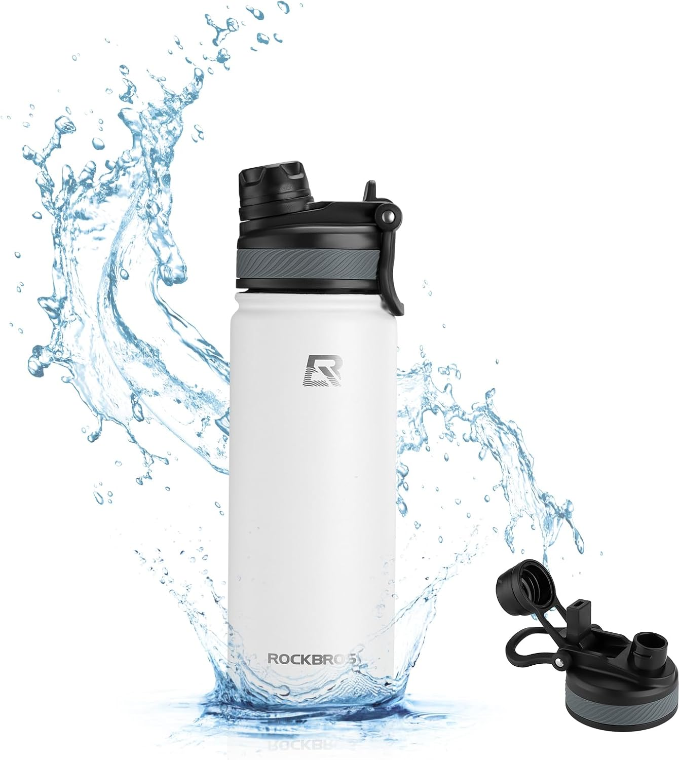 ROCKBROS Insulated Water Bottle with Straw, Stainless Steel Sports Water Cup Flask Leak Proof with Handle Keep Warm and Cold for Hiking, Cycling, Bike Travel, School Sports (White, 18, Ounces) image number 1