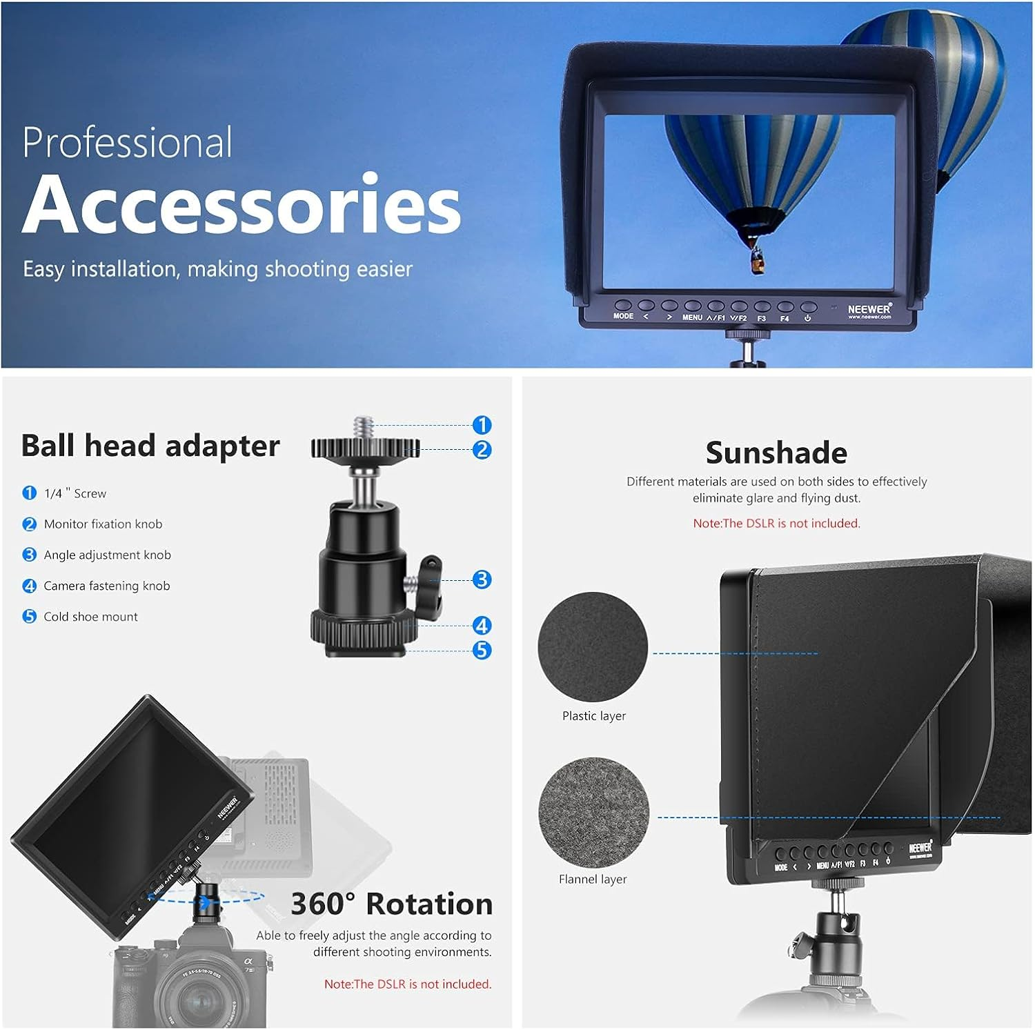 NEEWER F100 7Inch Camera Field Monitor, 450Nit HD Video Assist IPS 1280X800 HDMI Input 1080P with Peak Focus, Histogram, Sunshade for Dslrs, Handheld Stabilizer, Film Video Making Rig (NO Battery) image number 3