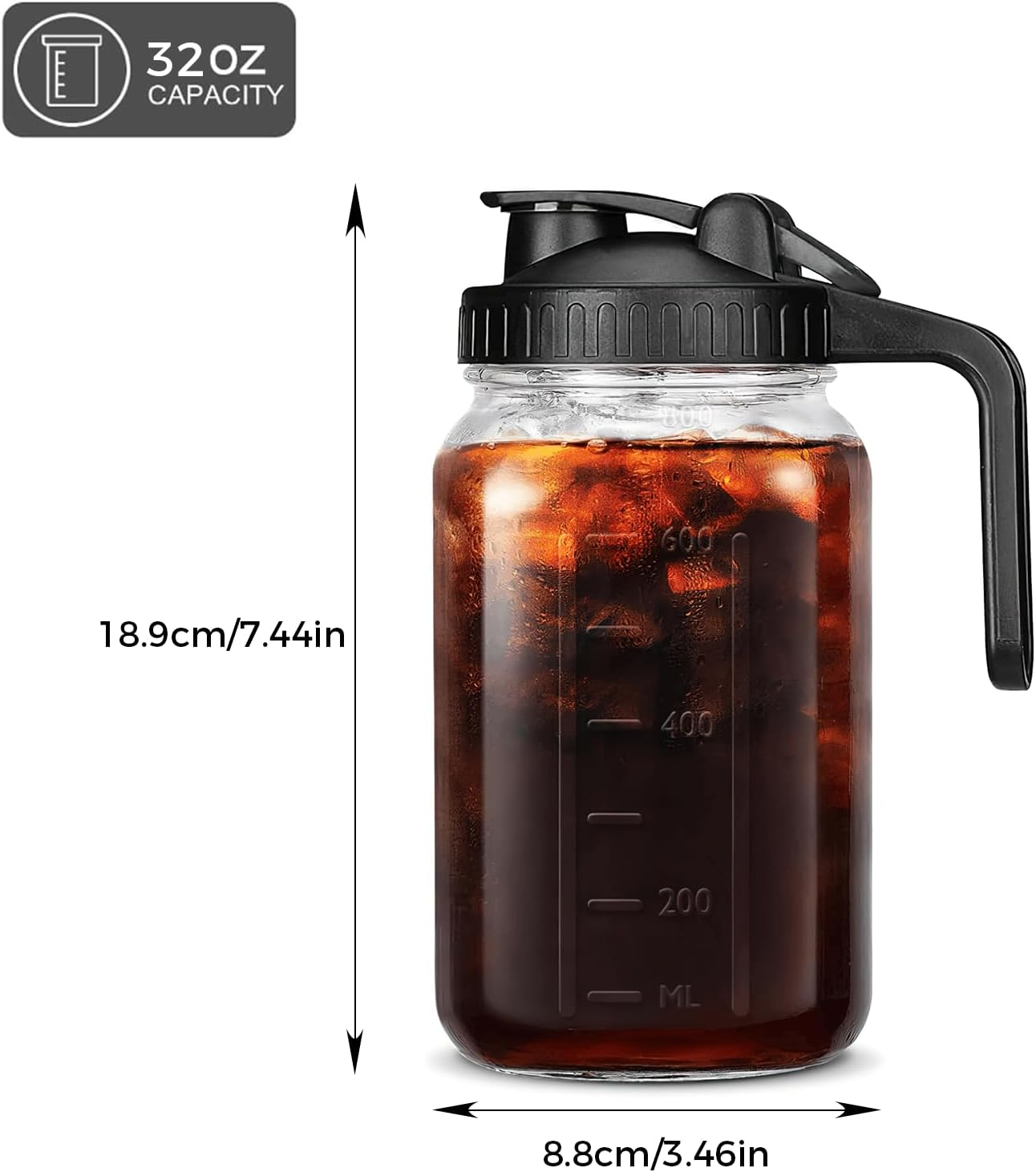 XURUIAU 32 Ounce Glass Mason Jar Water Bottle with Spout Handle Leak Proof Silicone Seal Ideal for Cold Brew Coffee Milk Juice Lemonade Breast Milk Storage and Other Beverages，Black image number 3