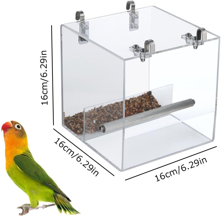 Esforzarse No Mess Bird Feeder for Cage, 16 X16 X 16 Cm Bird Cage Feeder, No Spill Automatic Bird Feeder, Automatic Acrylic Bird Feeder Seed Catcher Tray Cage with Stainless Steel Hooks