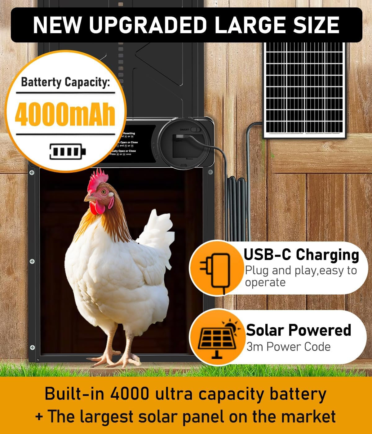 Large Size Automatic Chicken Coop Door Solar Powered - Timer/Manual Mode, Solar Chicken Coop Door Anti-Pinch, Aluminum Alloy Chicken Doors | Higher Battery Capacity | 20M Remote Control image number 1