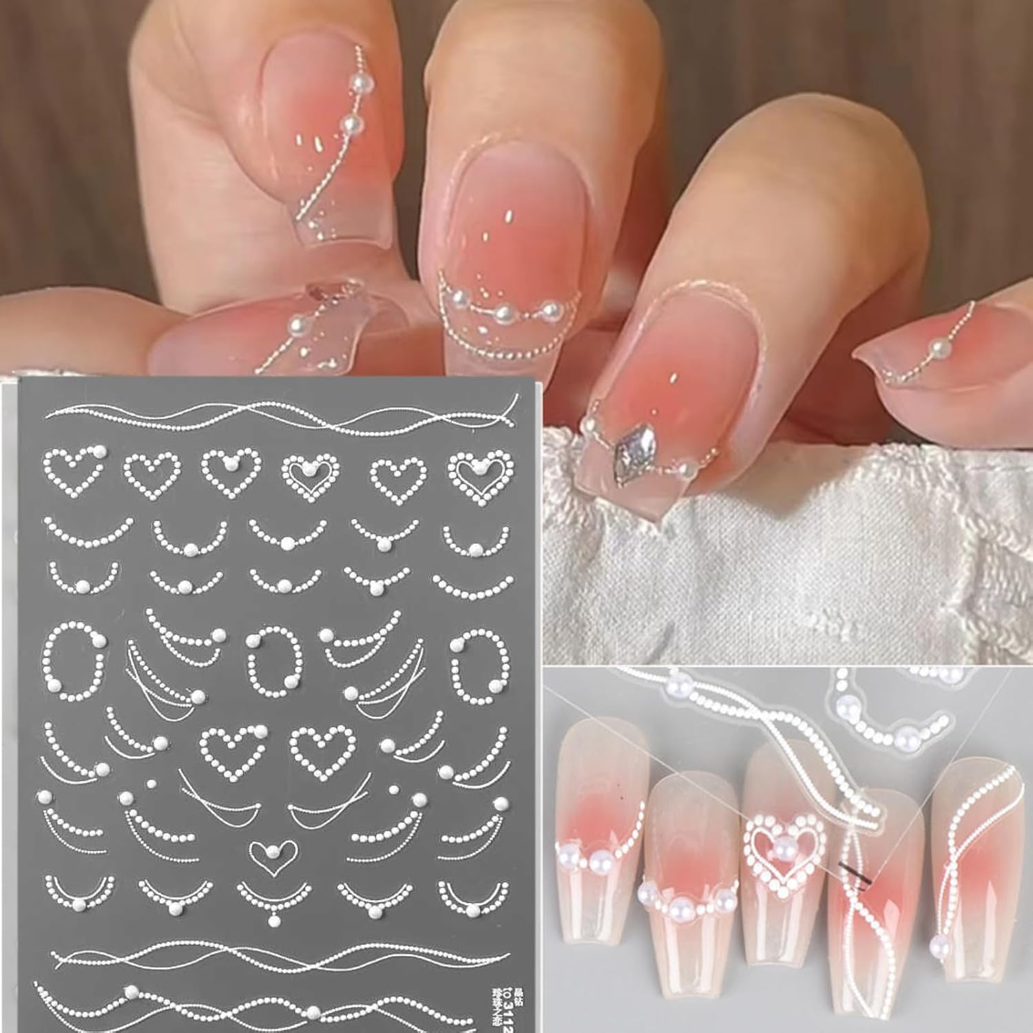 4 Sheets Pearl French Nail Art Stickers 3D Self-Adhesive Nail Decals Design, Wavy Line Heart Nail Decoration Holographic Elegant Chains Nail Sticker Manicure Tips Supplies Nail Decal (White) image number 3