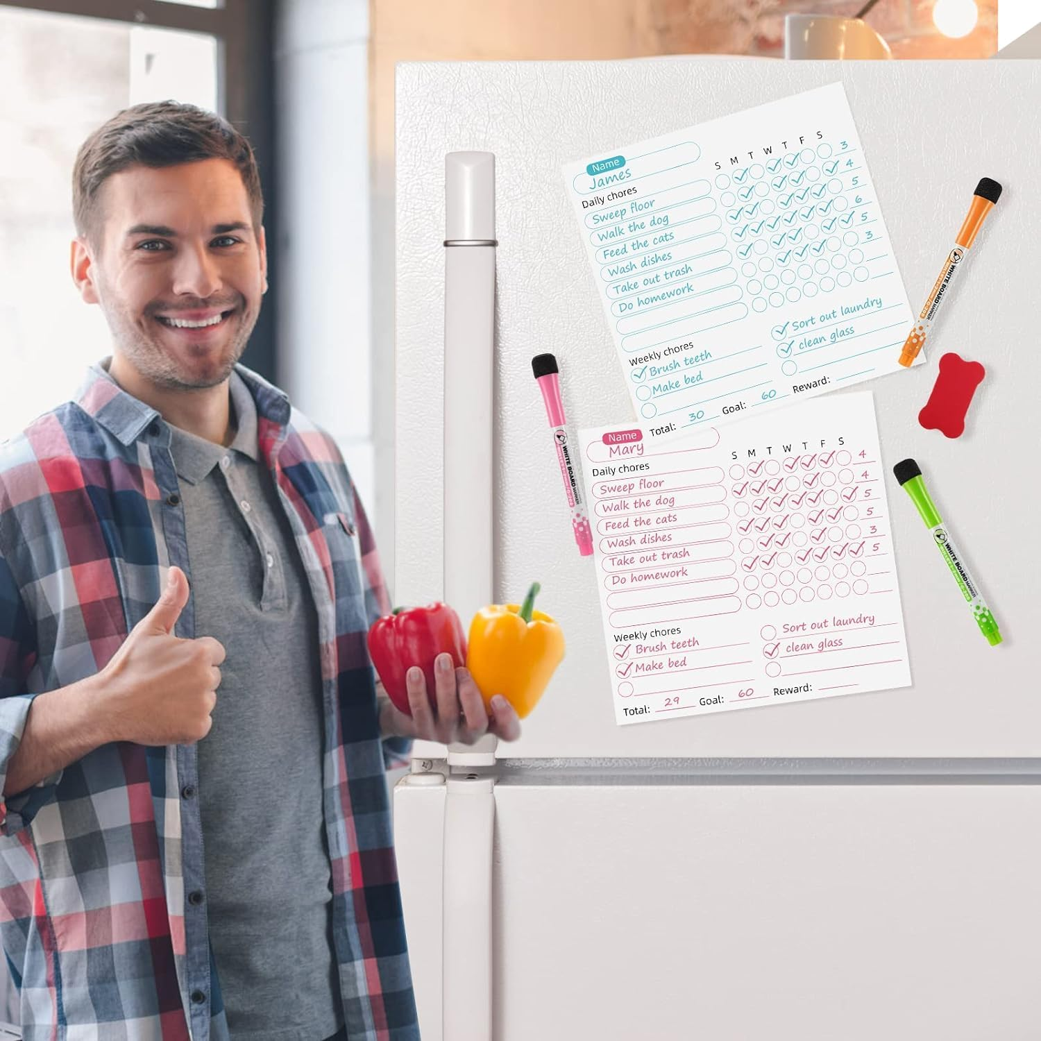 Magnetic Chore Chart for Kids, 4 Pcs Dry Erase Behavior Charts and 6 Colored Markers with Eraser Caps with 1 Eraser, Reward Chart for Multiple Kids Teens Adults Family, Chores Chart for Kids (White) image number 1