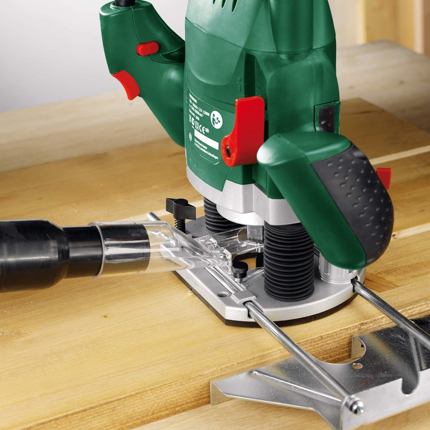 Bosch Home & Garden 1200W Electric Plunge Router with 8Mm Bit, Parallel Guide, Template Guide, Dust Extraction Adapter, 28000 RPM, Speed Selection, Wood, 3 Collets Included (POF 1200 AE)