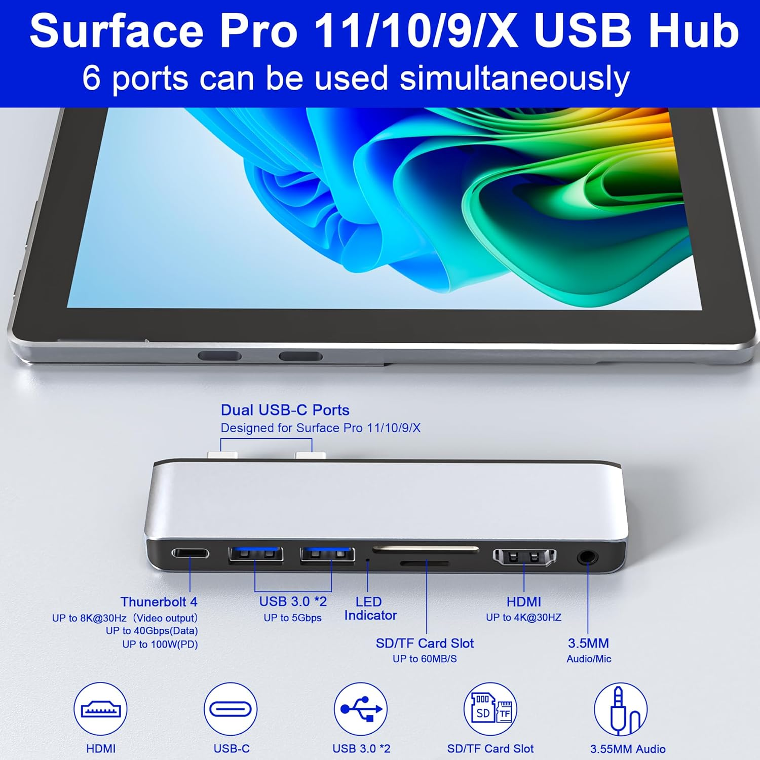Surface Pro 11 USB C Adapter, USB C Hub for Surface Pro 9/11/10/X with 4K HDMI, Thunerbolt 4 (8K Video+Data+100W PD), 2*USB 3.0, 3.5Mm Audio, SD/TF