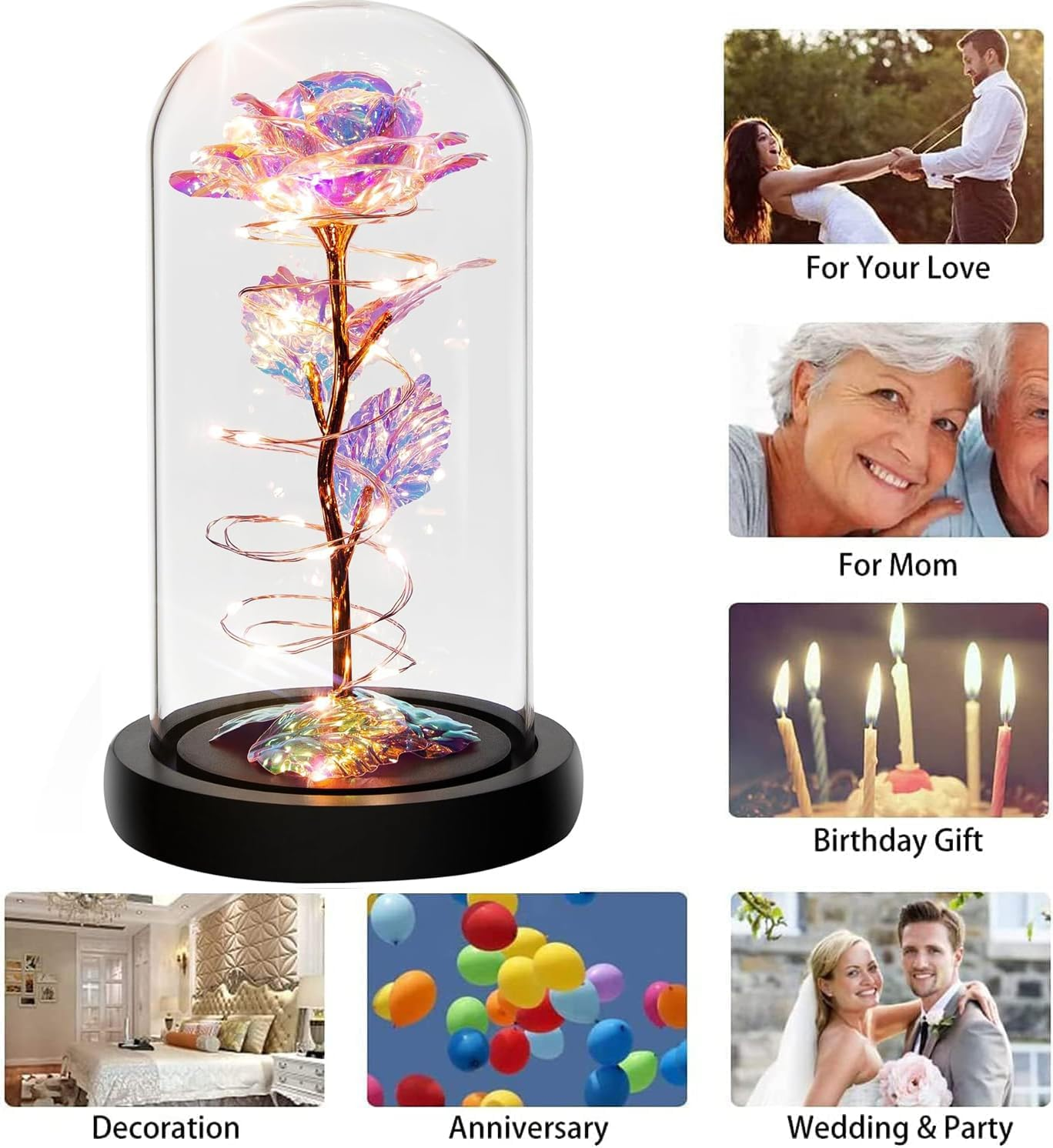 Gifts for Women, Mothers Day Flowers Gifts for Mom from Daughter Son, Valentines, Colorful Rainbow Light up Rose in a Glass Dome Mom Birthday Presents for Her Wife Grandma (Colourful) - Purple image number 4