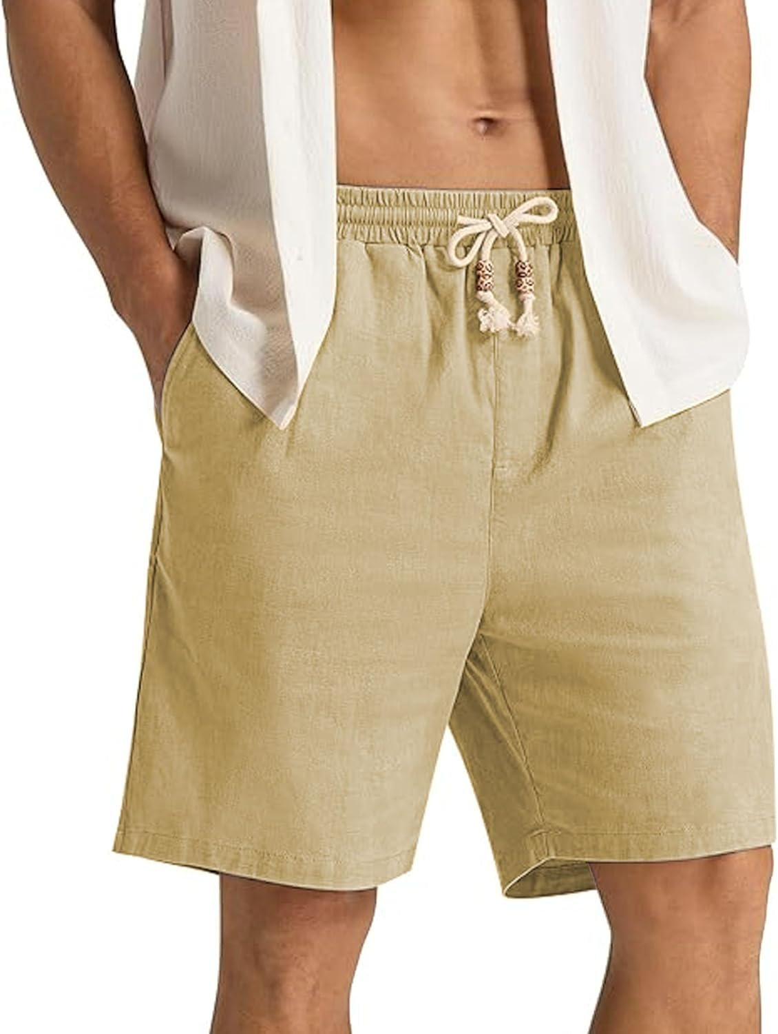 Jeshifangjiusu Mens Linen Casual Short with Trim Drawstring Stretch Summer Beach Shorts Elastic Waist Summer Outdoor Short (Khaki,Xx-Large) image number 5